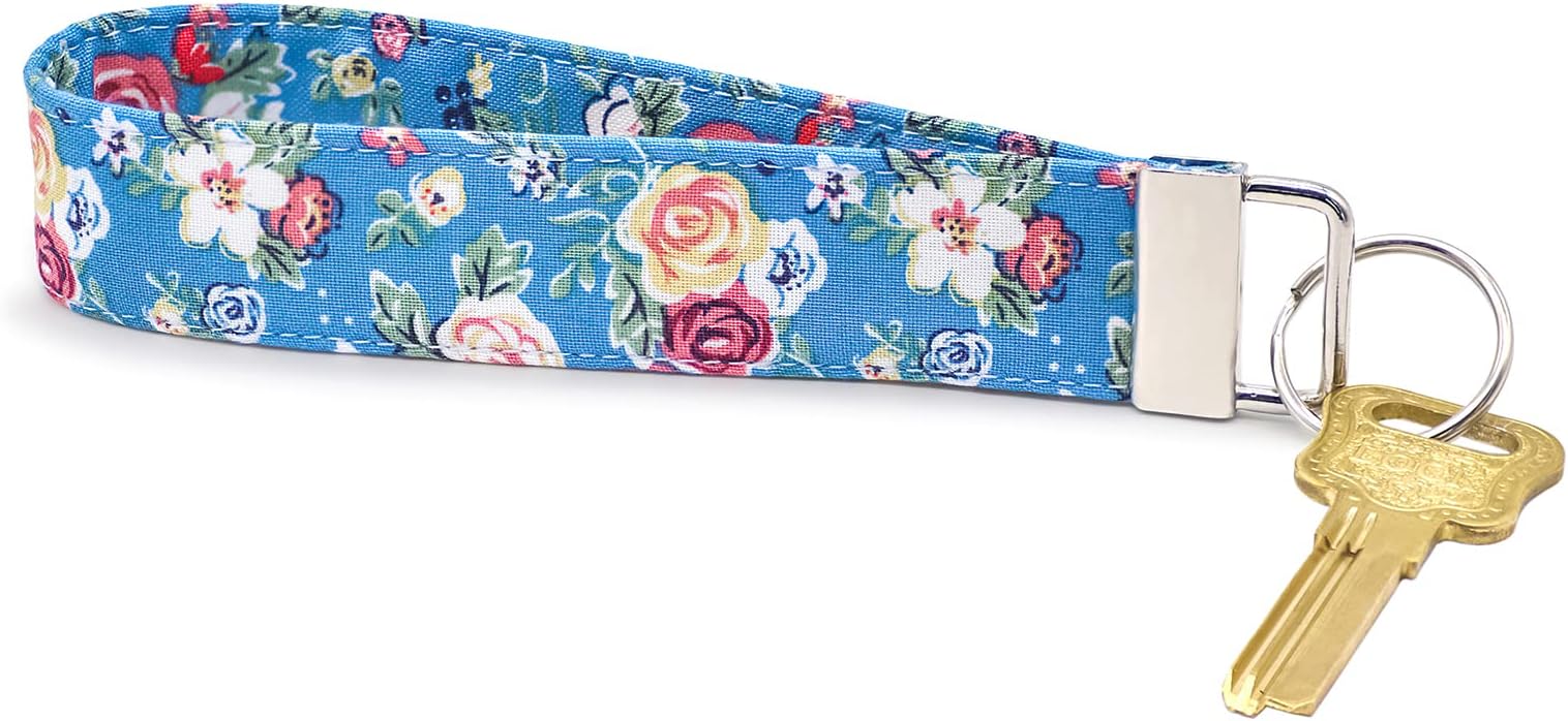 LNKRE JEWELRY Women Floral Wristlet Keychain, Hand Wrist Lanyard Key Chain Holder Work for Key Wallets, Blue Rose, Medium