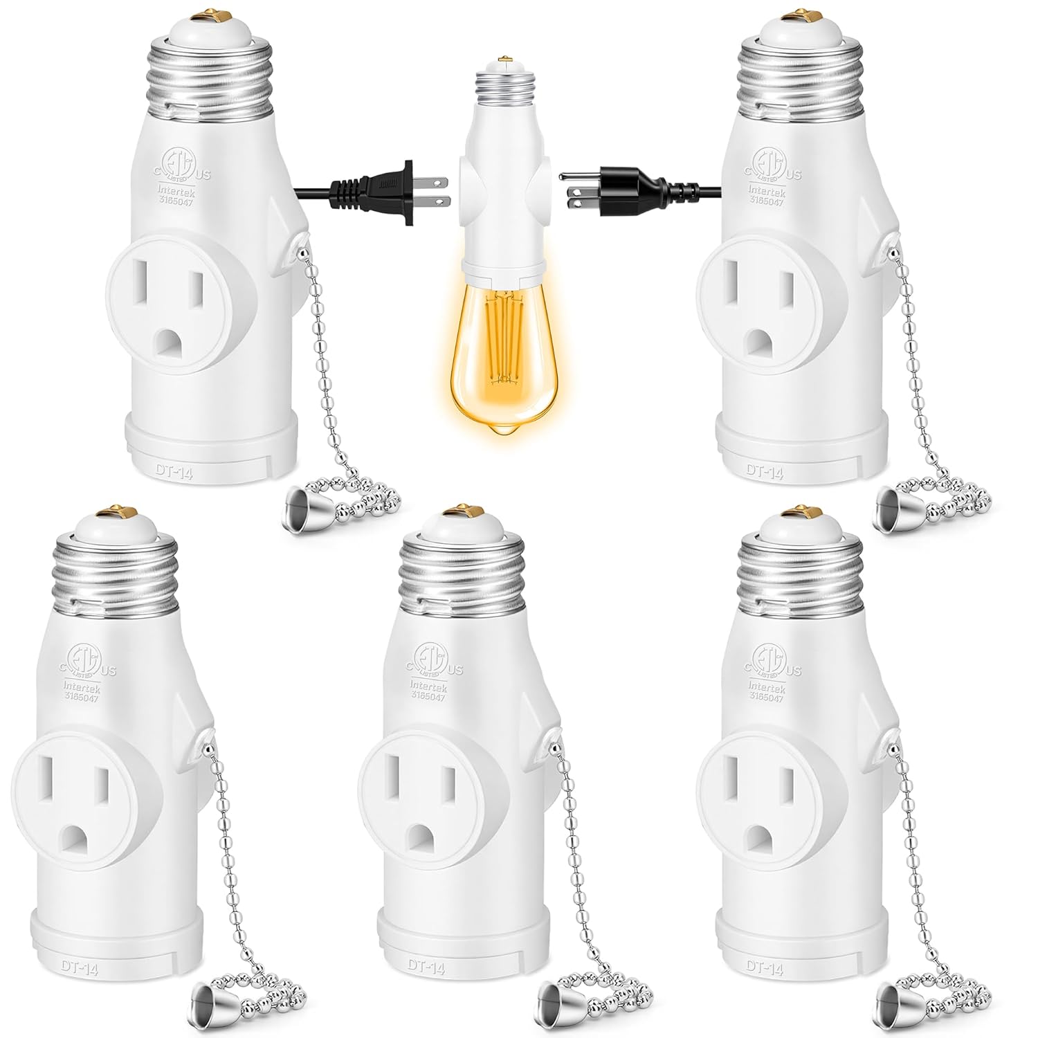 Light Socket to Plug Adapter with Bulb Control Switch 5PK, Convert E26 Light Socket to 3 Prong & 2 Prong Outlets and Light Bulb Socket, Polarized Light Bulb Plug Splitter for Garage Porch, ETL Listed