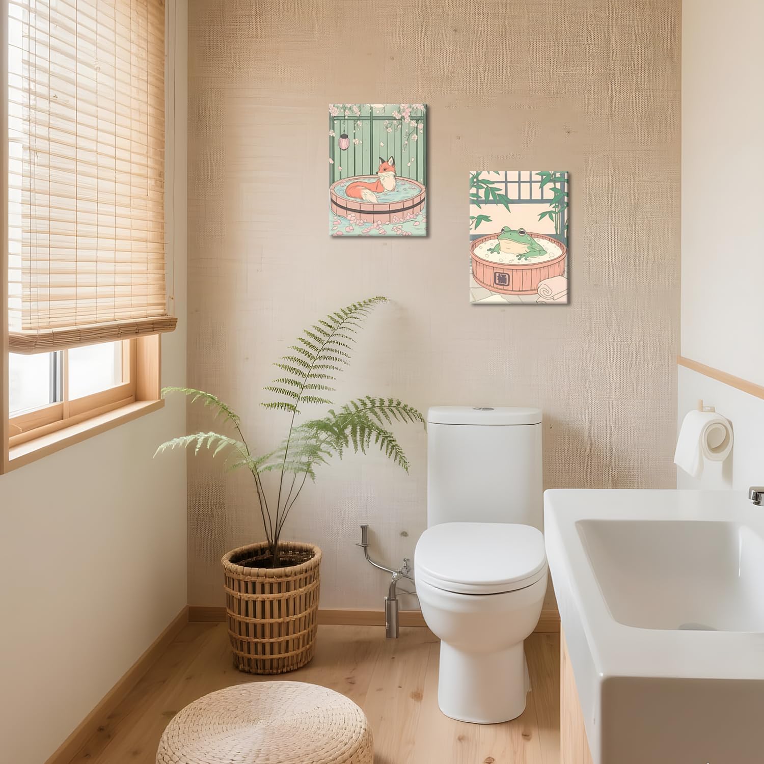 Framed Japanese Bathroom Wall Art Set of 3, Cute Tabby Cat Fox and Frog in Bathtub Pictures Wall Decor Paintings, Vintage Funny Animal Canvas Prints Home Decor for Restroom Toilet Spa Room 16x24 inch