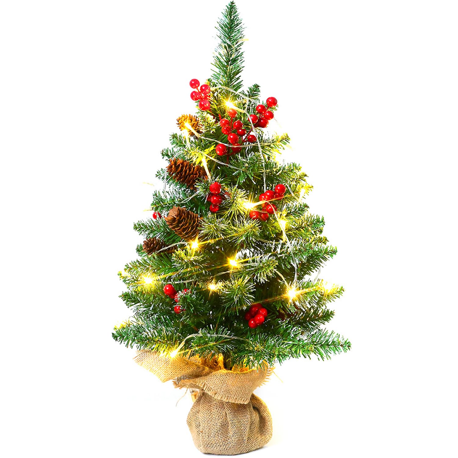 Jsofd Mini Christmas Trees, 45CM Battery Operated Artificial Prelit Tabletop Christmas Tree with Warm Lamp String Light Berries Pine Cone Ornaments for Dining Table De Home Holiday Decorations