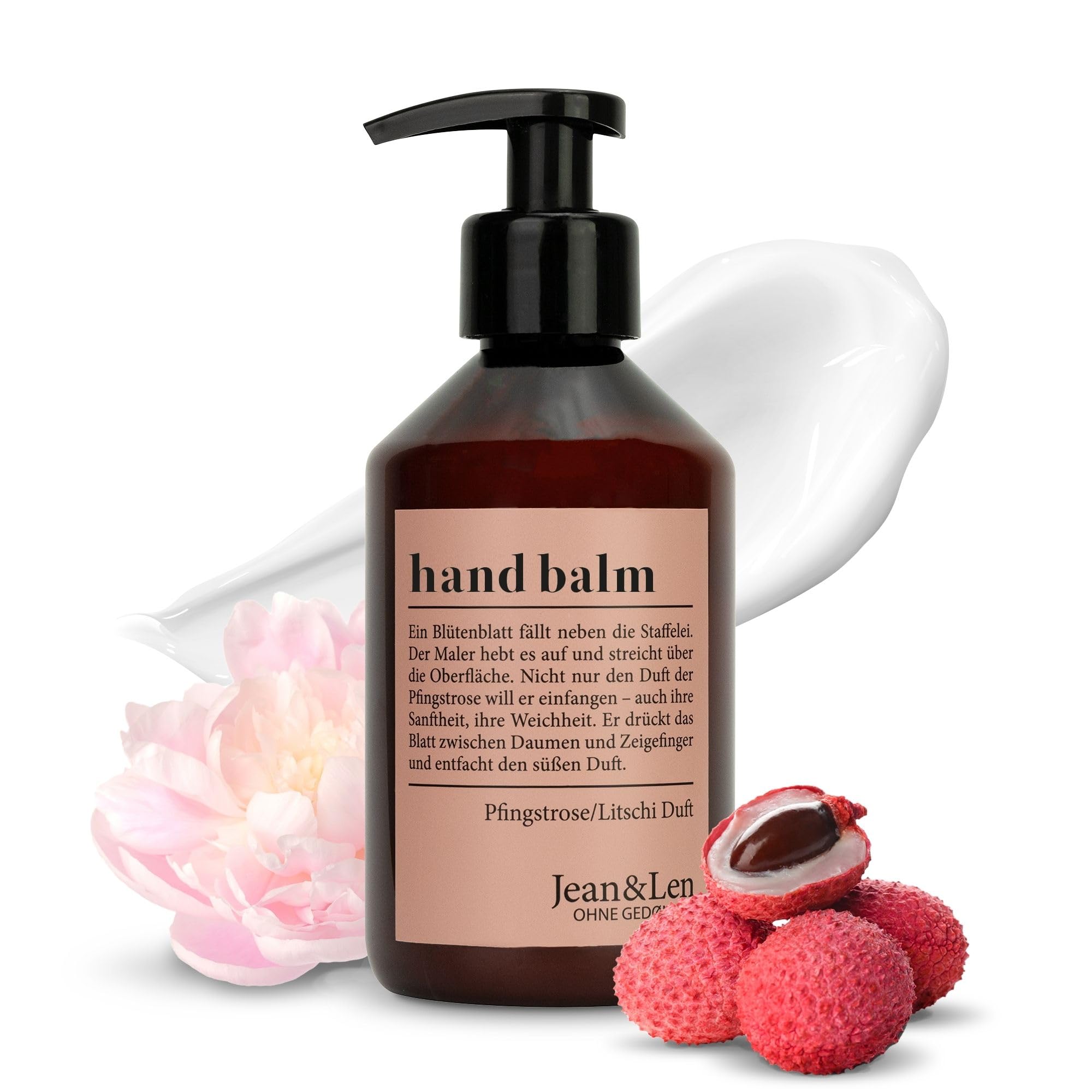Jean & Len Hand Balm Pfingstrose & Litschi, mit Bio-Arganöl, feuchtigkeitsspendender Sheabutter & Vitamin E, schmeichelzarte Pflege für weiche Haut, floral-frischer Duft, vegan, 250 ml