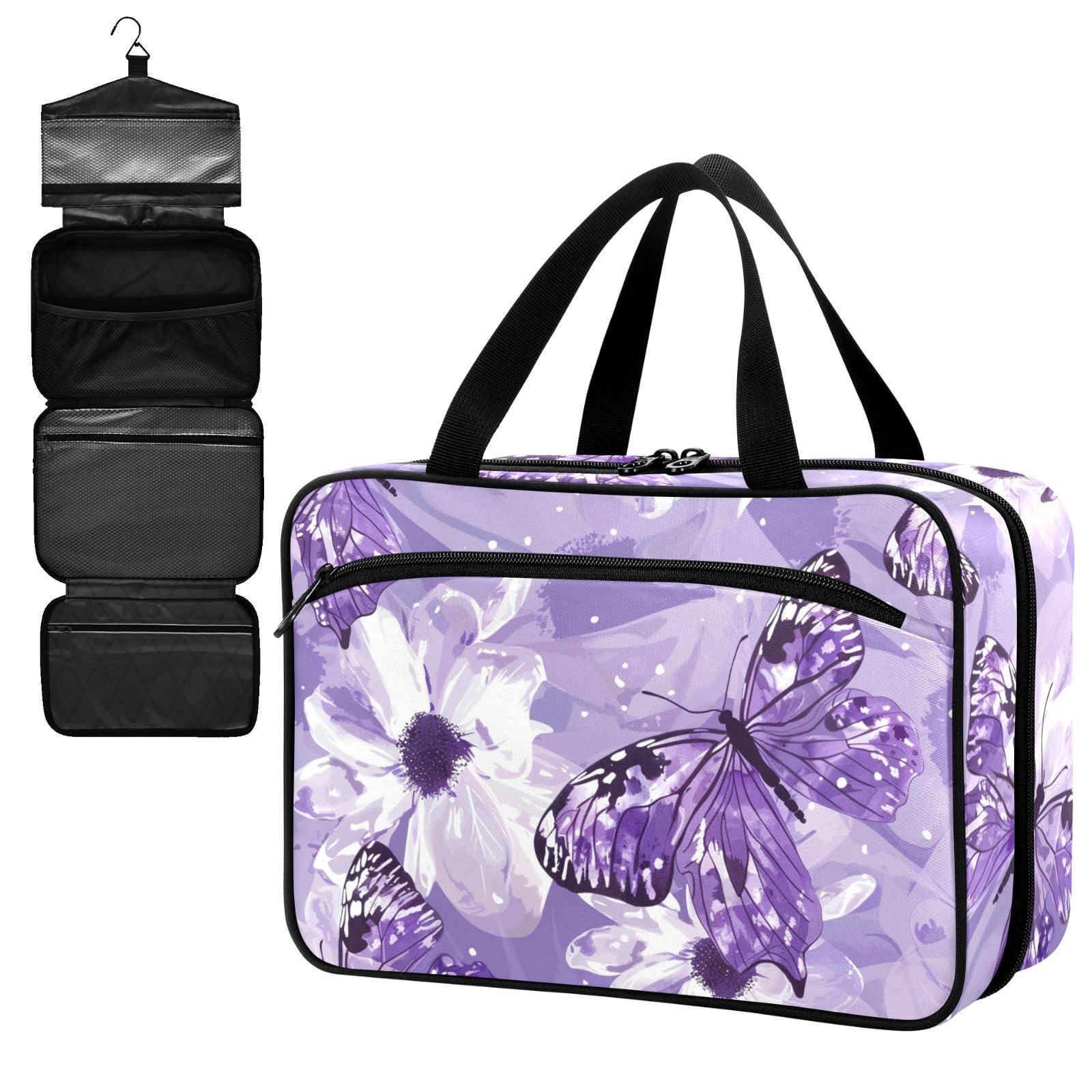 Fustylead Beautiful Purple Butterflies and Flower Large Medical Supplies Organizer Bag with Zipper Empty First Aid Bag Trauma Kit for Traveling Hiking Camping
