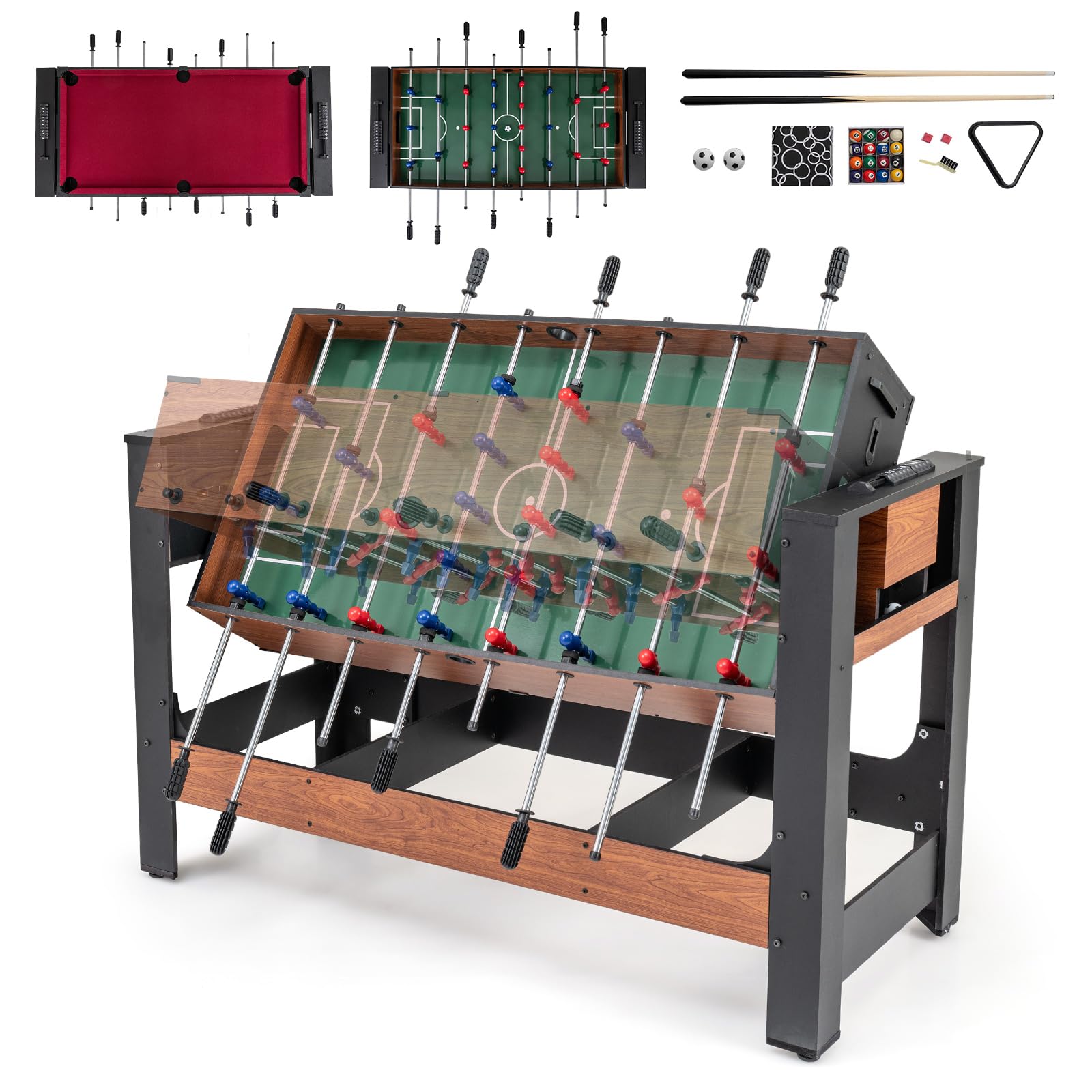 DREAMADE Table de Jeu Pivotante, Baby-Foot & Billard 2 en 1, Table d'Arcade Rotative avec Cadre en Métal, Pack d'Accessoires de Jeu pour Salle de Jeux à Domicile, sous-Sol, Adolescents & Adultes