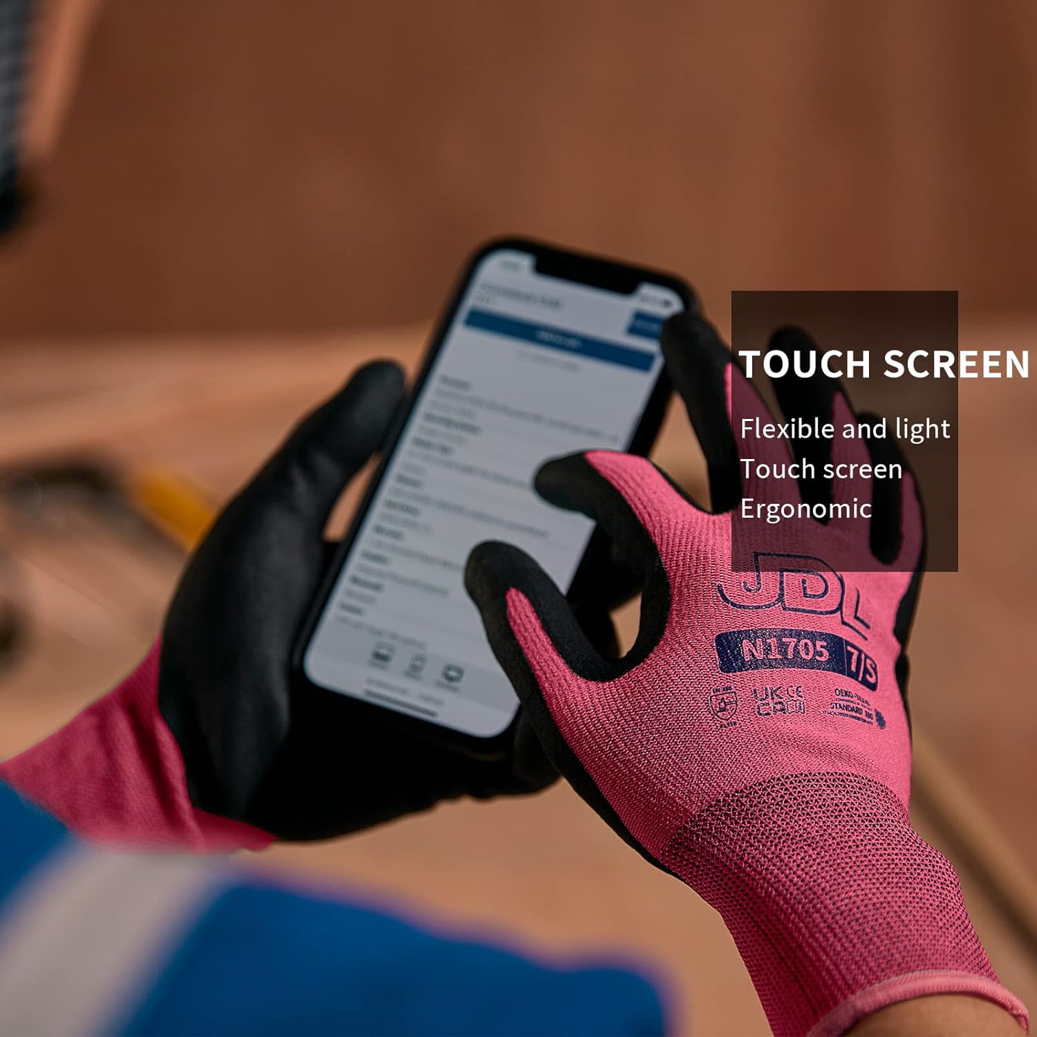 JDL 6 Pairs Microfoam Nitrile-Coated Nylon Work Gloves for Women & Men, Touchscreen Safety Gloves, Lightweight & Breathable with Durable Grip for Construction, Warehouse, Mechanics, Pink, Large