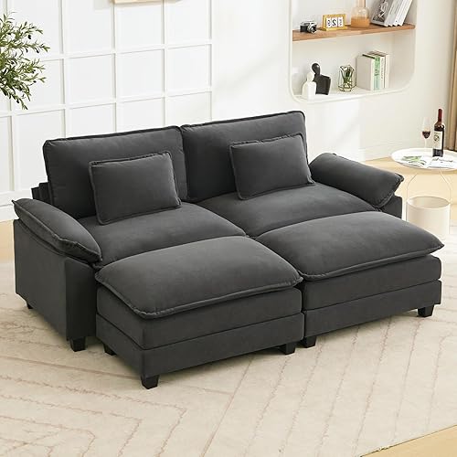 86" Modular Sectional Sofa, Comfy Cloud Couch Sectional Sofa with Ottoman, Velvet Sofa Sleeper Deep Seat Sofa with Throw Pillows for Living Room (Blue Grey)