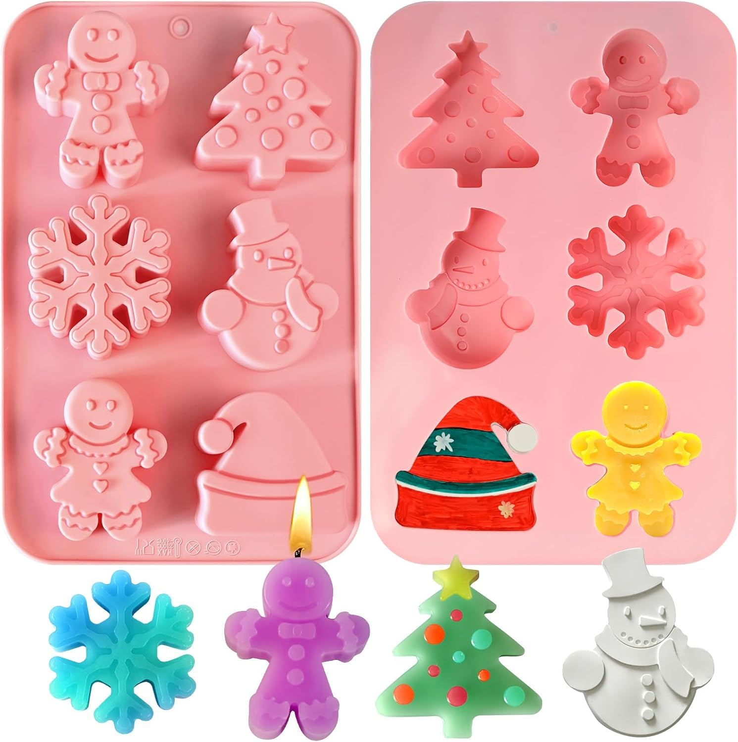 Christmas Silicone Molds 6 Cavity 3D Gingerbread Man Snowflake Snowman Xmas Tree for Baking Chocolate Candy Xmas Cake Decoration Cupcake Muffin Jelly Candle Melts Handmade Soap Making Molds-image-4