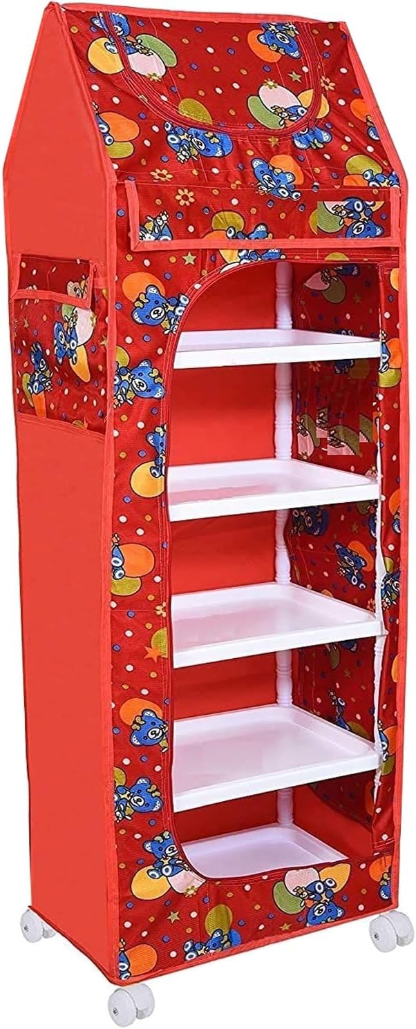 Almirah for Clothes, Multipurpose Collapsible Wardrobe for Kids Toys/Books, Baby Cupboard for Storage in Bedroom Nursery, Plastic Cartoon With Wheels (Maroon)