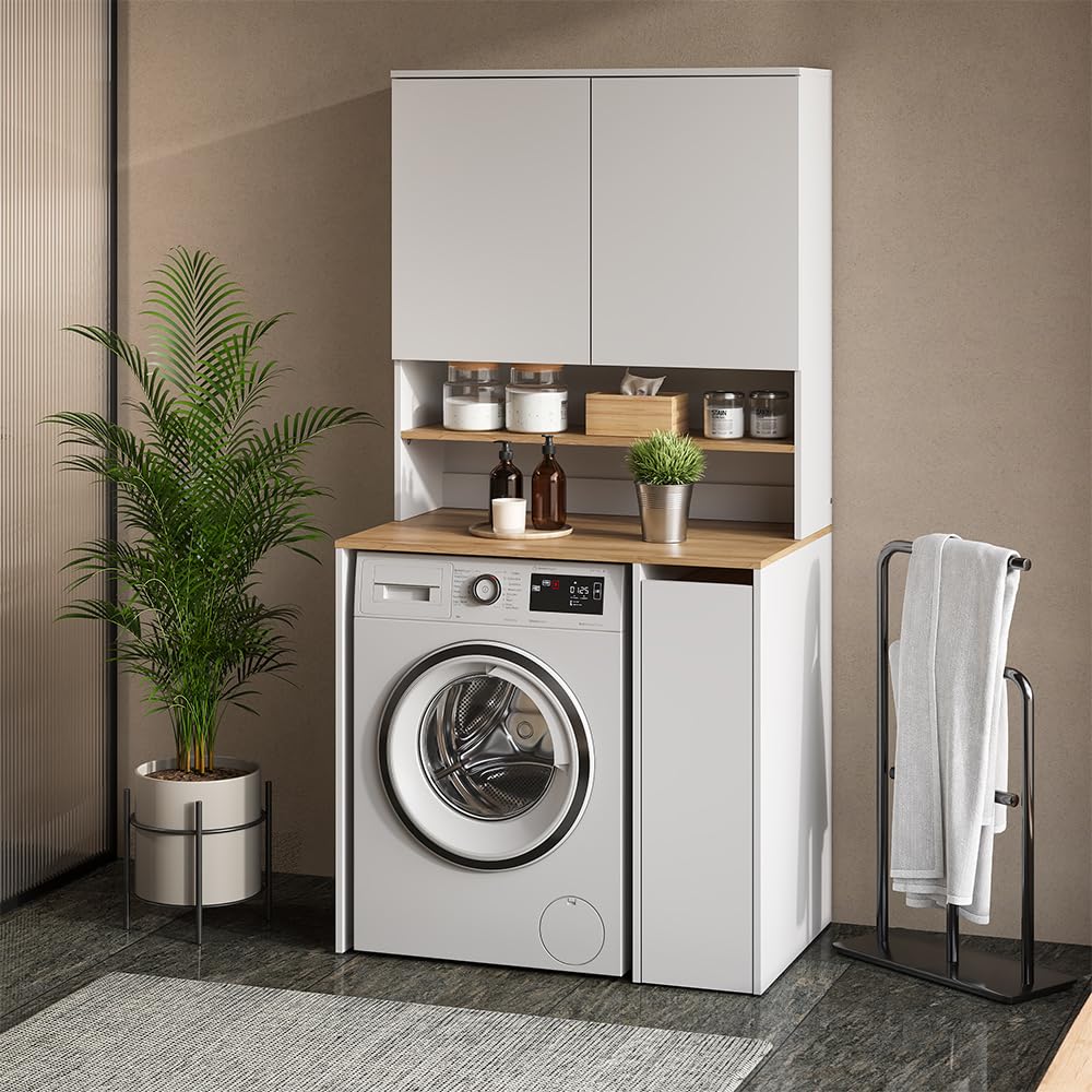 Vicco Armoire Machine à Laver Viktor, Blanc/Artisan, 93.6x88.2cm | 2 pièces avec étagère, convient pour le rangement de lessive et de serviettes