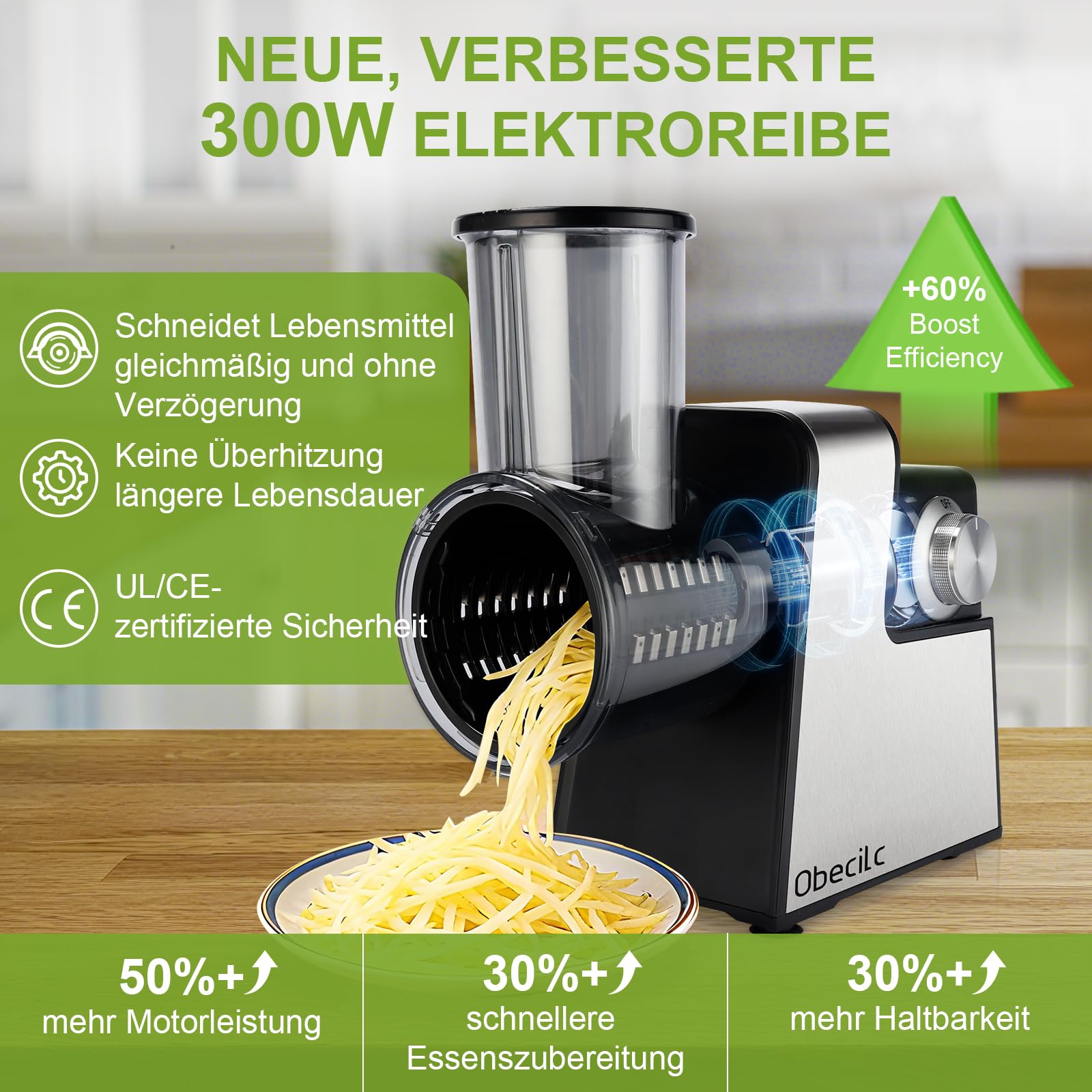 Rallador de queso eléctrico mejorado con 300 W de potencia y 7 cuchillas de acero inoxidable, procesador de alimentos de un botón para cortar, rallar y moler queso, verduras, frutas y frutos secos – f