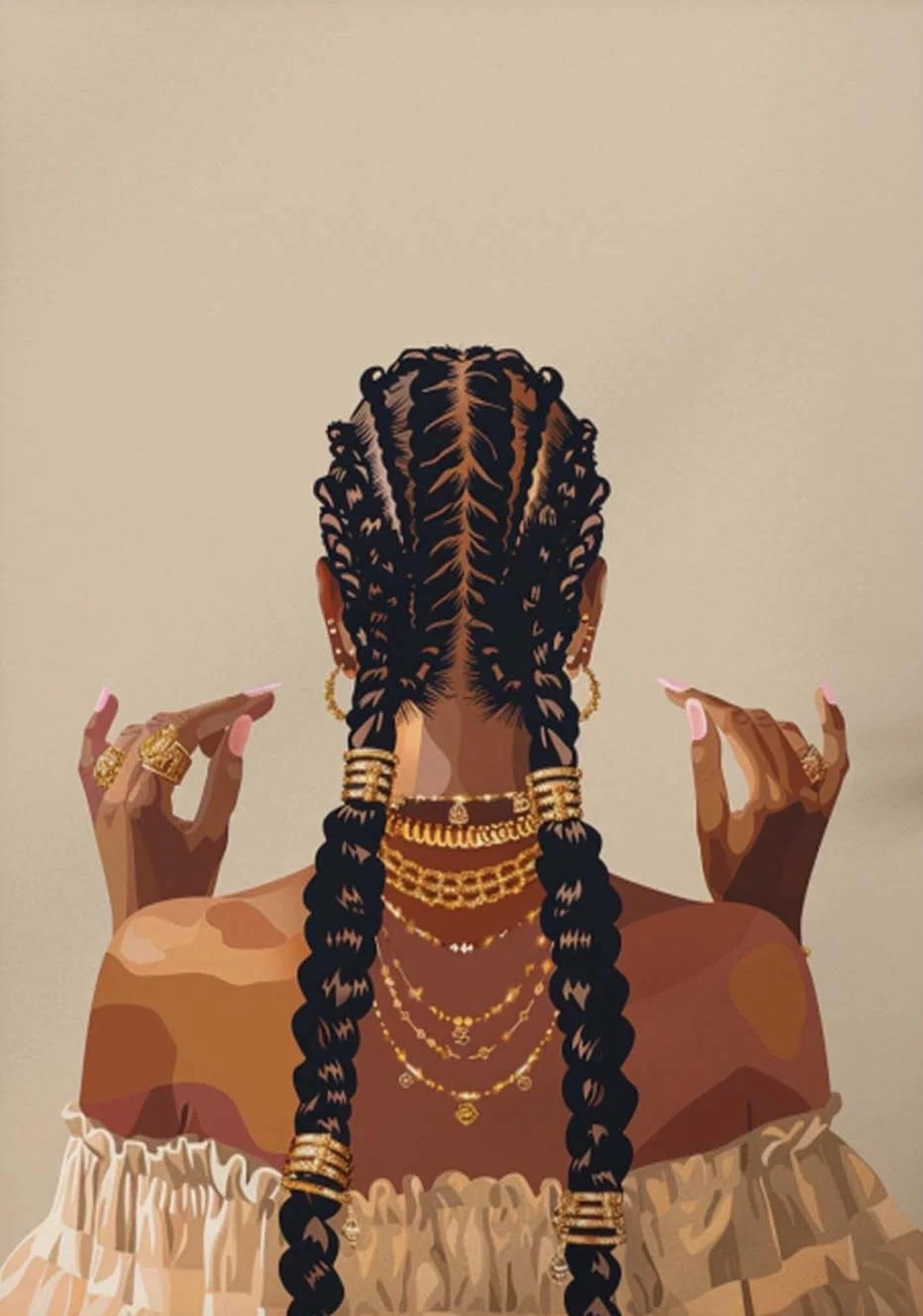 ZHAOLIN Póster de trenzas de mujer afroamericana con peinado de chica moderna y joyas doradas, lienzo para decoración del hogar, 60 x 90 cm x 3 cm, marco interior.