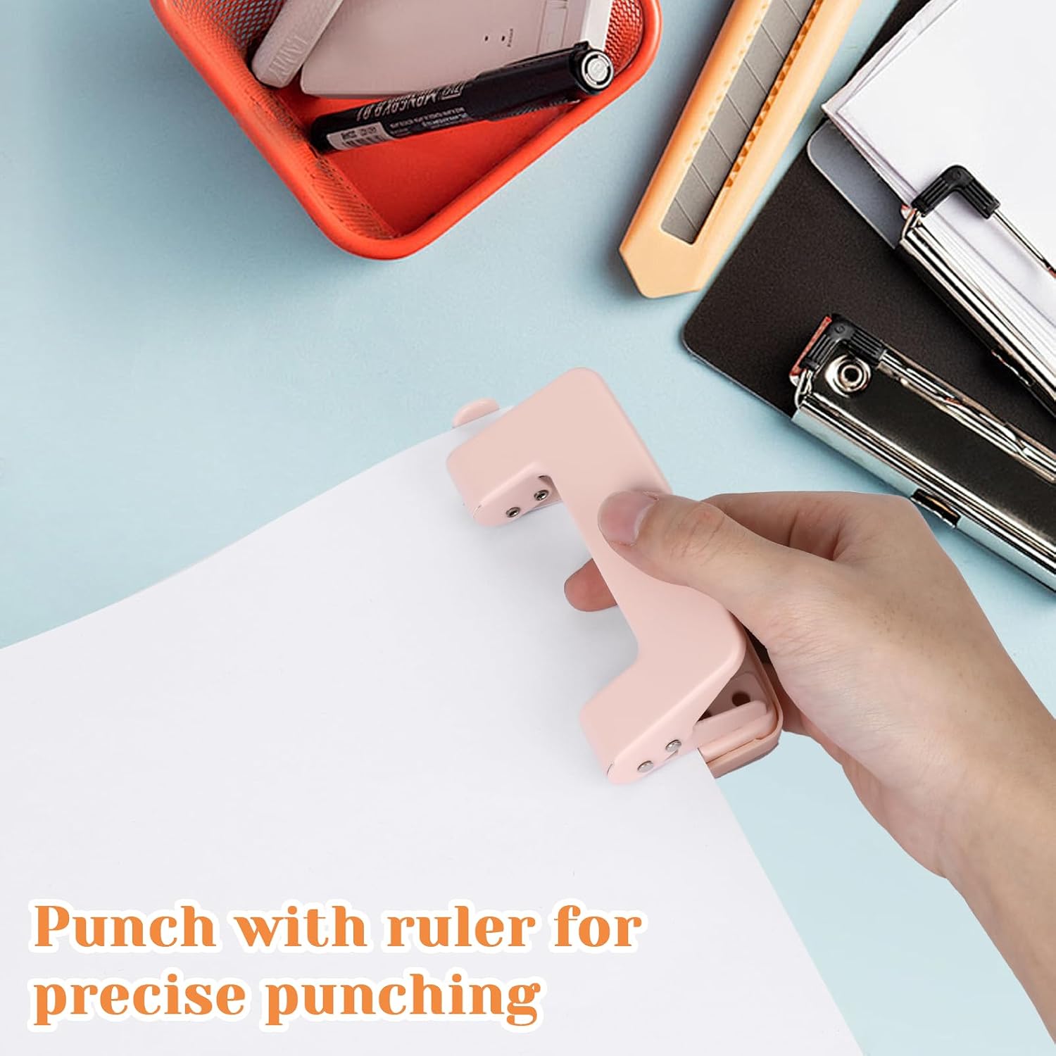 2 Hole Punch 1/4" with Ruler Paper, Pink Two Hole Punch, 2 Holes Puncher for File Folder, Metal Manual Low Force Looseleaf Double Punch Capacity 10 Sheet for A4/A5/B5 for Office and Home