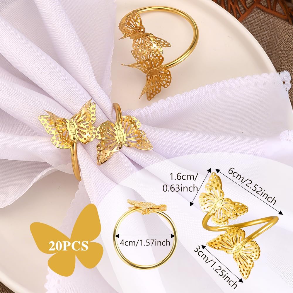 20Pcs Gold Napkin Rings Metal Butterfly Napkin Holder Bulk, Double Butterflies Napkin Buckle Fall Thanksgiving Christmas Napkin Circles for Party Dinner Wedding Banquet Table Decorations