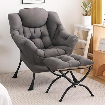 Lazy Chair with Ottoman, Modern Accent Chair Contemporary Sofa Chair with Armrests, Reading Chair and Folding Footstool Set for Living Room, Bedroom, Office, Dark Grey