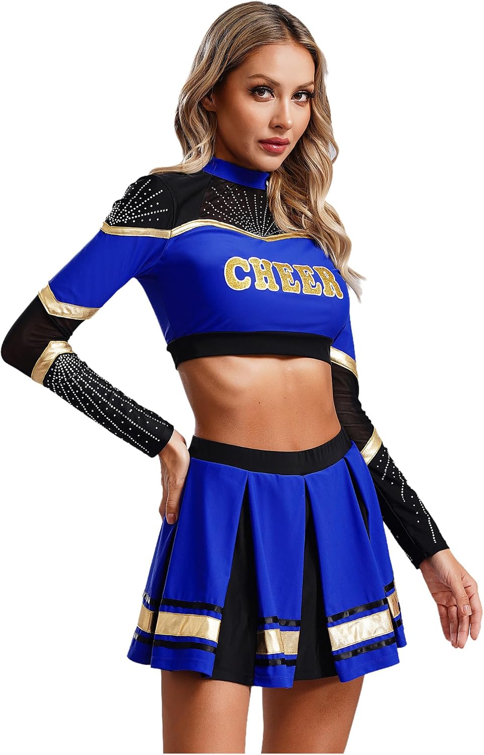 YiZYiF Womens Cheerleading Team Uniform Long Sleeve Crop Tops with Pleated Skirt Cheer Dance Outfit