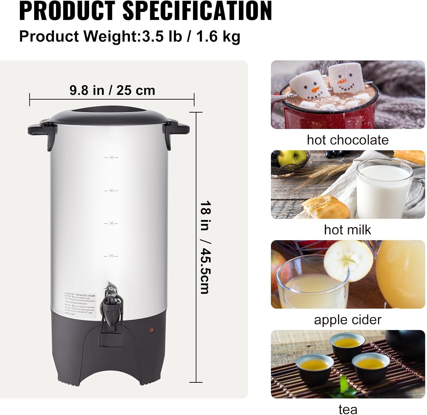 Happybuy 50-Cup Commercial Coffee Urn, Stainless Steel Dispenser, 1000W Electric Maker for Quick Brewing, Detachable Power Cord for Easy Cleaning, Silver