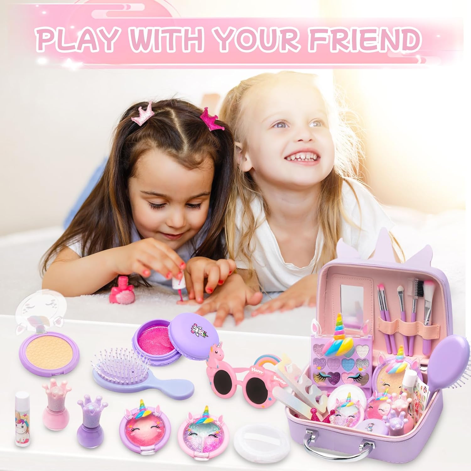 Washable & Non-Toxic Kids Makeup Kit for Girls - Real Cosmetic Toy Set with Mirror, Lip Gloss & Nail Polish for Ages 4-8 - Birthday Gift for 5 6 7 Year Old