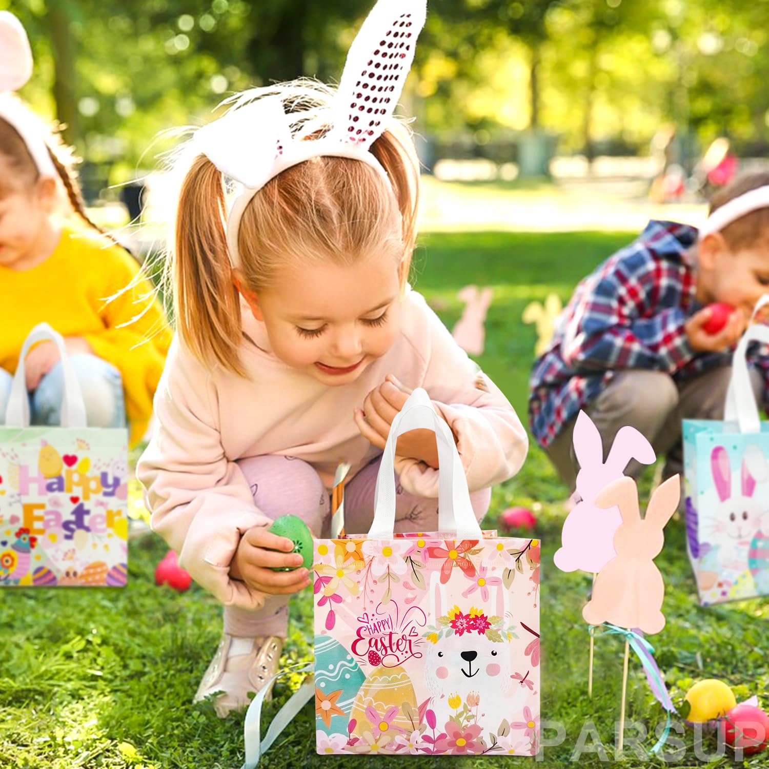 Easter Bunny Carrot Gift Bags 12PCS Happy Easter Egg Hunt Bags, Assorted Sizes Bunny Carrot Chick Egg Assorted Size Tote Bags With Handles