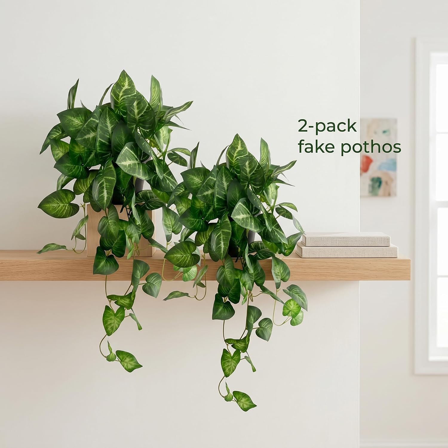 Artificial Pothos Hanging Plant, 25" Set of 2 Faux Ivy Vines with Pots | Fake Silk Realistic Hanging Greenery Plants for Indoor Home Bedroom, Bathroom,Shelves, Office Decor