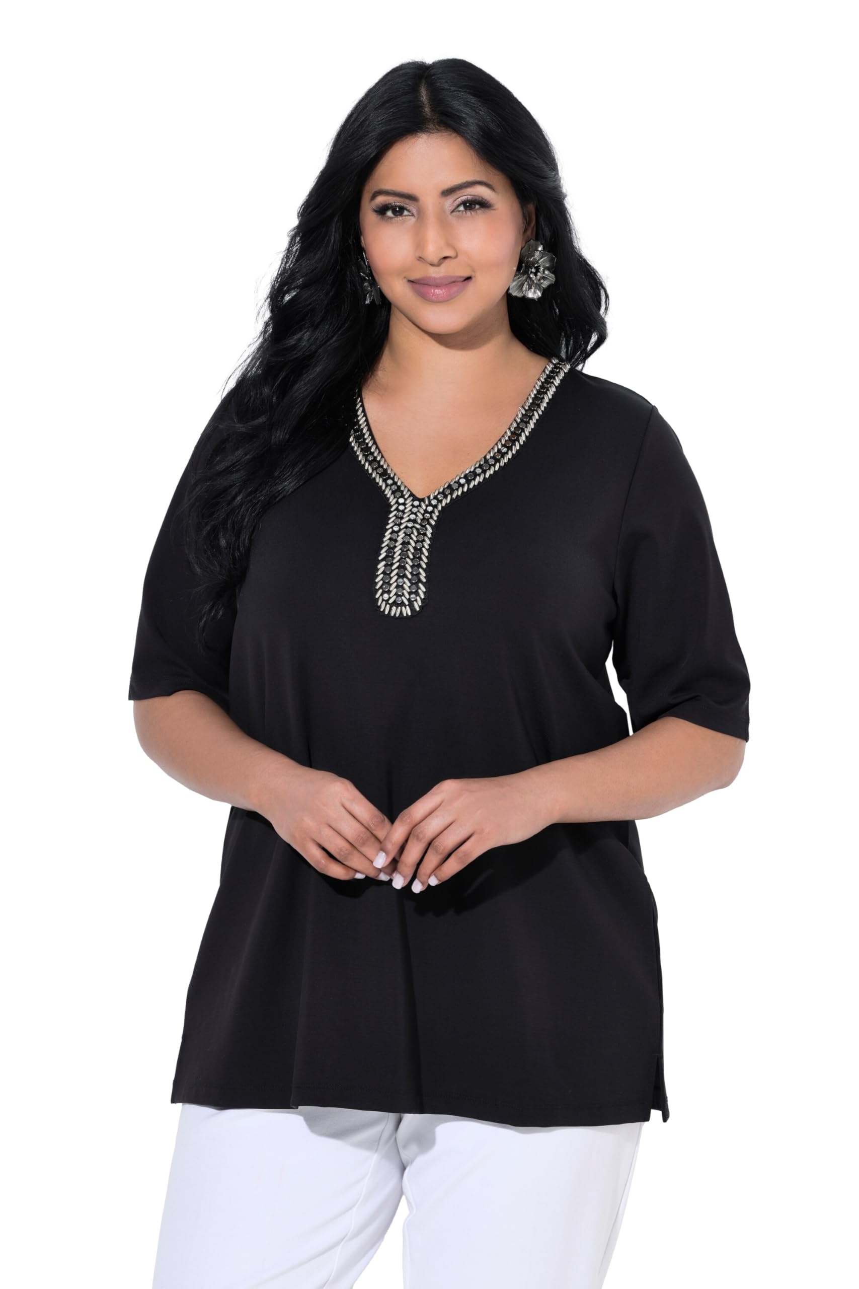 Ulla Popken Damen große Größen Übergrößen Plus Size T-Shirt, geschmückter Ausschnitt, A-Linie, Halbarm 840238