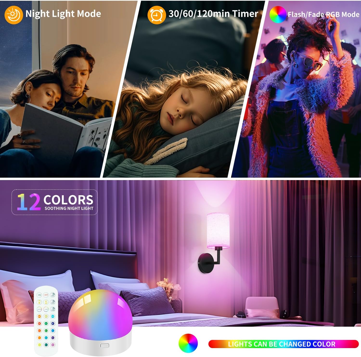 Battery Operated Wall Sconce Set of Two,Dimmable Cordless Wall Sconces,12 Colors Rechargeable Wall Lights,Wall Lamps for Wall Decor,Bedroom,Living Room