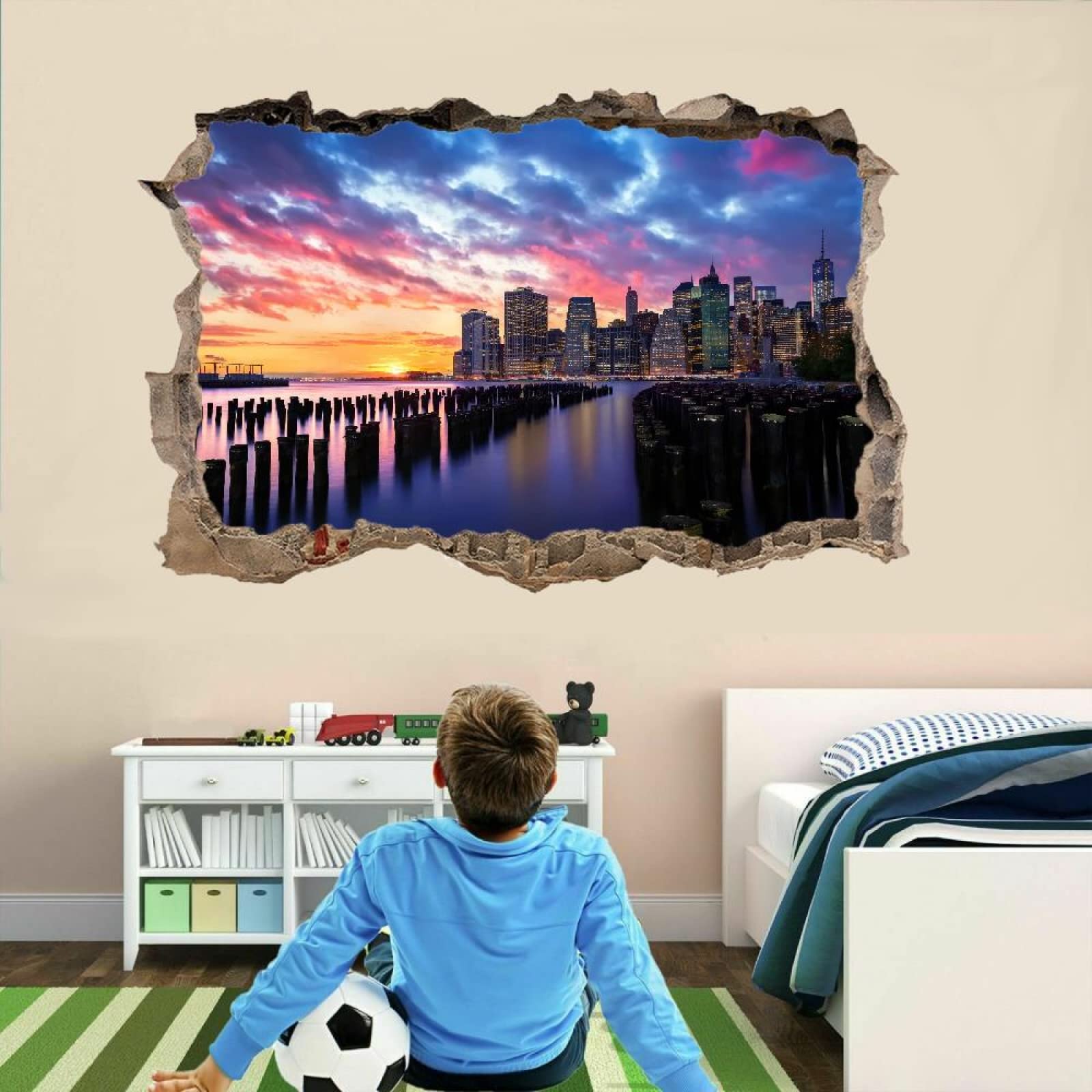 Adesivi Murali Murales Fracassati 3D Città Decalcomanie Per Pavimenti In Impermeabile Art Cielo Per La Camera Da Letto, La Decorazione Della Parete Della Scuola Materna 80x120cm