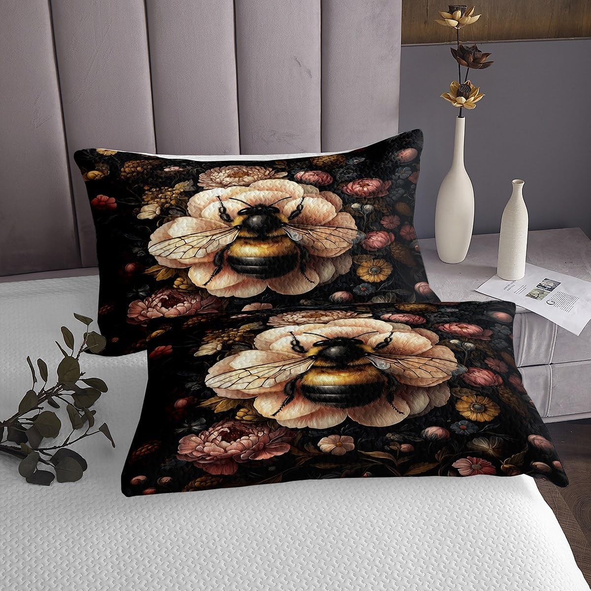 Erosebridal Bee Flowers Coverlet Set King Size Vintage 3D Bedspread for Adults Women Girls Hand Drawn Dark College Wildlife Quilted Coverlet Rustic Botanical Mysterious Nature Quilted