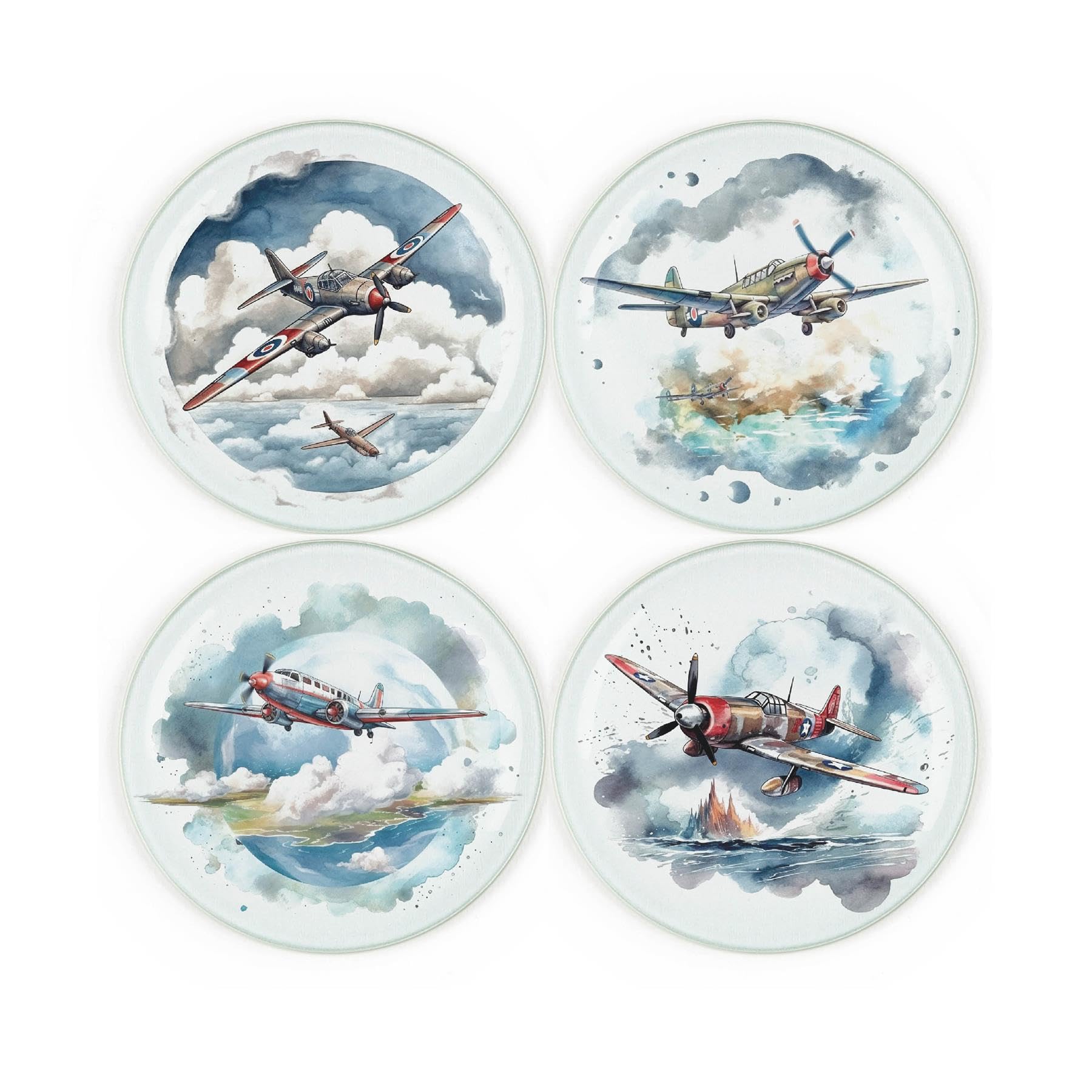 Purely Home Vintage Planes Coaster Set - Round Glass Ww2 Fighter Jets Aviation Gift - Set Of Four (4) Drinks Coasters