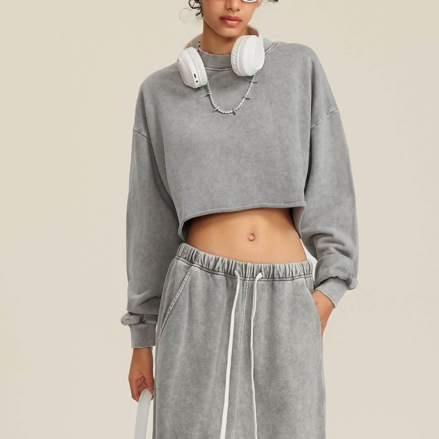 Hixiaohe Womens Cropped Sweatshirts Vintage Long Sleeve Pullover Tops Acid Wash Sweatshirt Hoodies for Women Workout Crop Top - Image 5