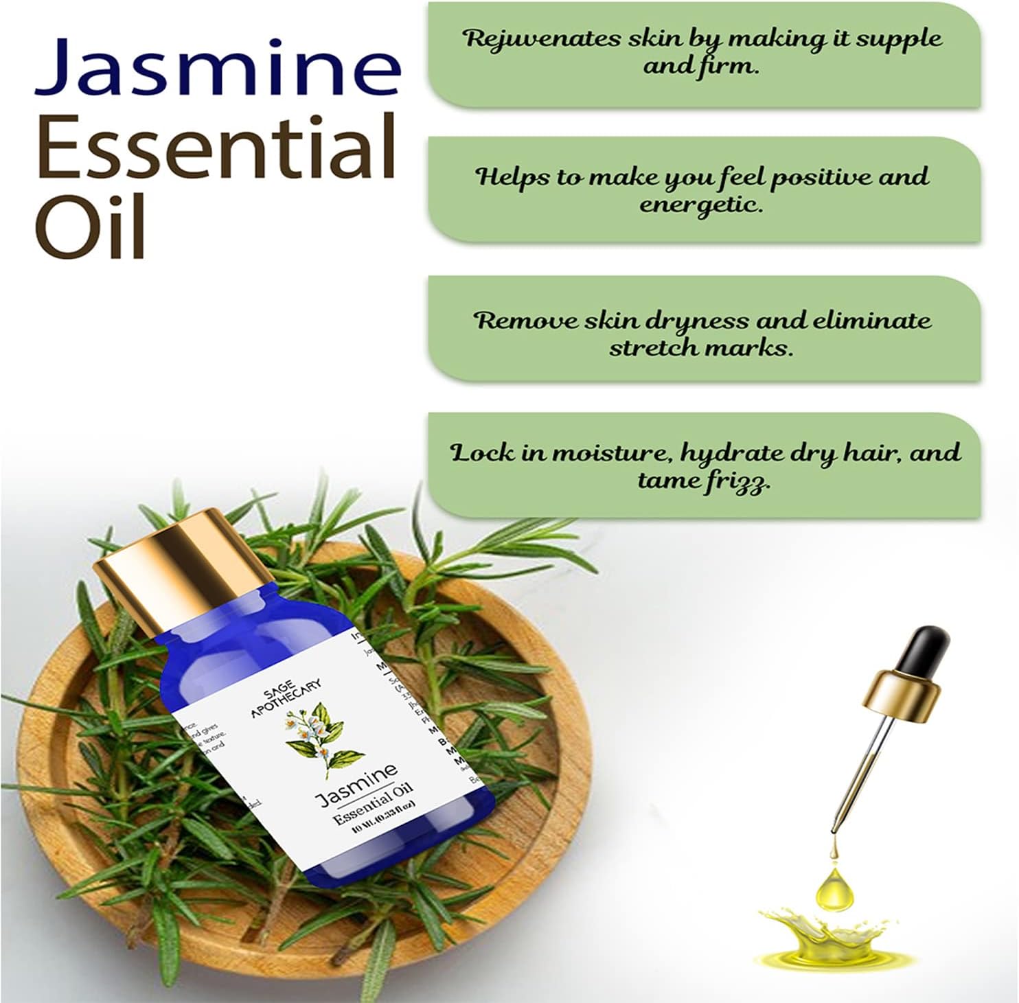 Sage Apothecary 100% Pure & Natural Jasmine Essential Oil for Hair Growth & Healthy Skin | Suitable for Men & Women | Pack of 10ML