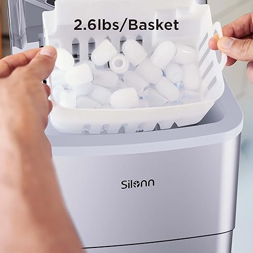 Vista 62 de Silonn - Máquina de hacer hielo para encimera, 9 cubos listos en 6 minutos, 26 libras en 24 horas, autolimpiable, cuchara de hielo y canasta, 2 Negro
