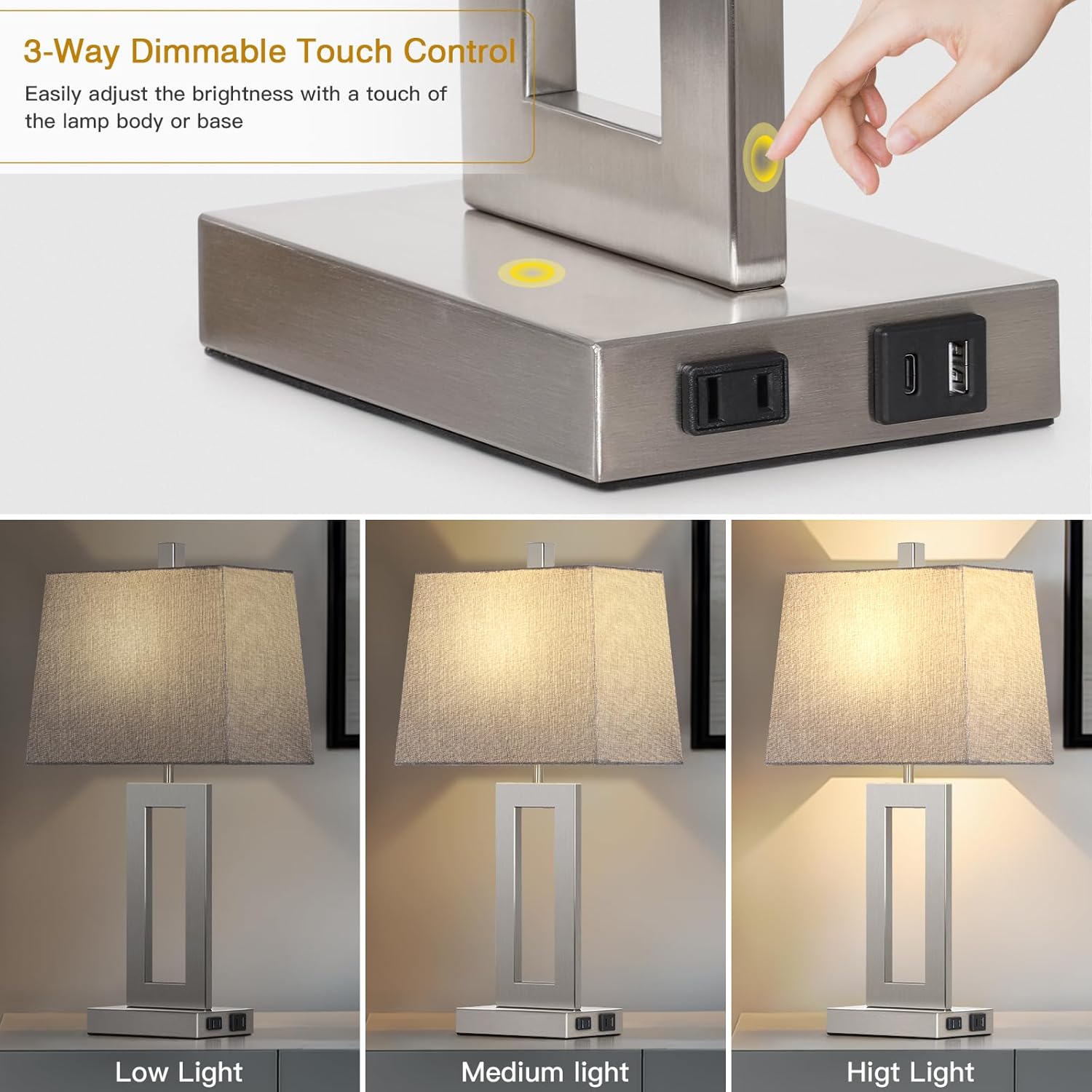 Touch Control Table Lamp Set of 2, Modern Silver Bedside Lamps with USB C+A Ports & AC Outlet, 3 Way Dimmable Bedroom Lamps for Night Stands Bedroom Living Room,Nightstand Lamp