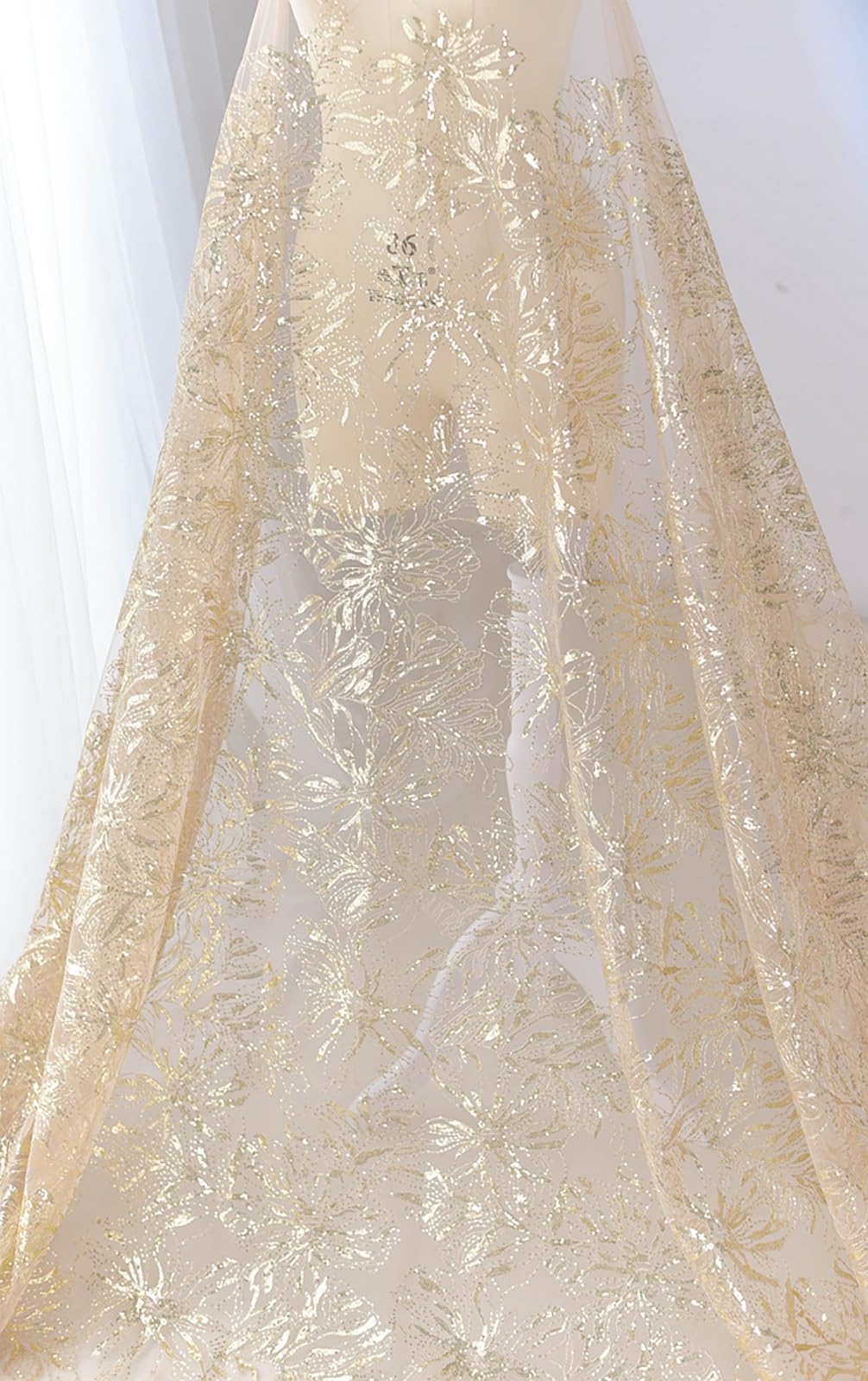 Tessuto Stoffa a Metro Tessuto ricamato in pizzo dorato con paillettes per cucire, per abiti da sposa, in tulle a rete, per decorazioni per la casa, per interni ed esterni(L 12 m)