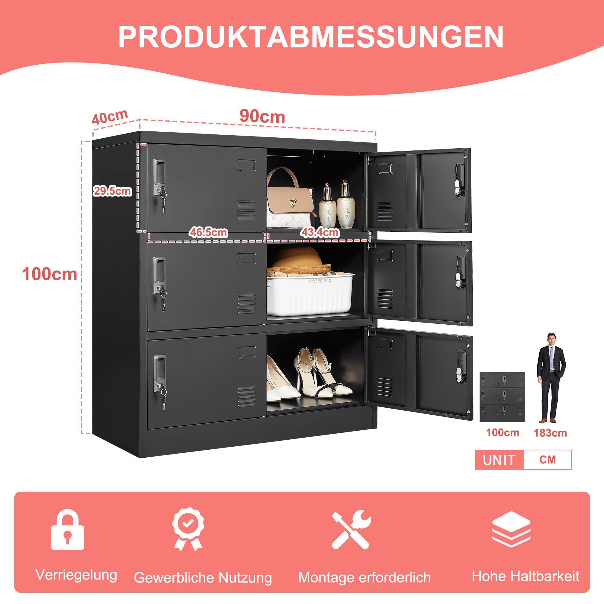 IKIMI Metall-Schließfächer für Mitarbeiter, Büro-Aufbewahrungsschrank mit 6 Türen, schwarz, 90 cm x 40 cm x 100 cm, Stahl-Personalspind, Aufbewahrungsschrank für Fitnessstudio, Zuhause, Schule