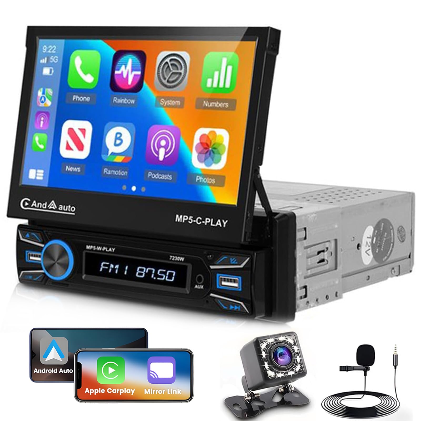 Hikity 7" 1 DIN CarPlay Autoradio avec Bluetooth FM Caméra de Recul | Écran Tactile Android Auto Wireless CarPlay Mirror Link Commandes au Volant USB AUX