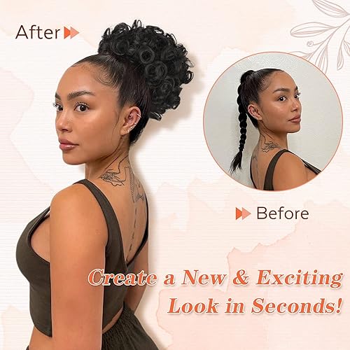 Miniatura 10 de Matthia Extensiones de cabello rizado ondulado con cordón para mujeres negras, extensiones de cola de caballo sintéticas sueltas grandes y rizadas,