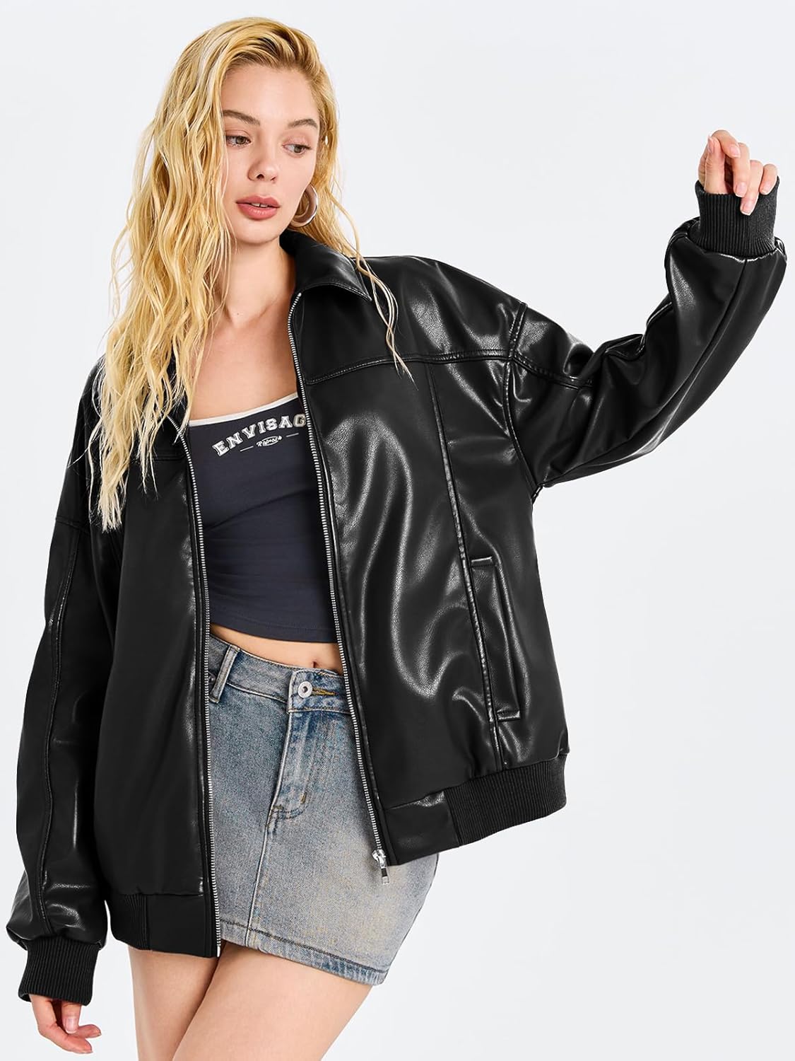 Tankaneo Womens Faux Leather Jackets Oversized Bomber Casual Fall Fashion Zip Up Moto Biker Coats - Image 3