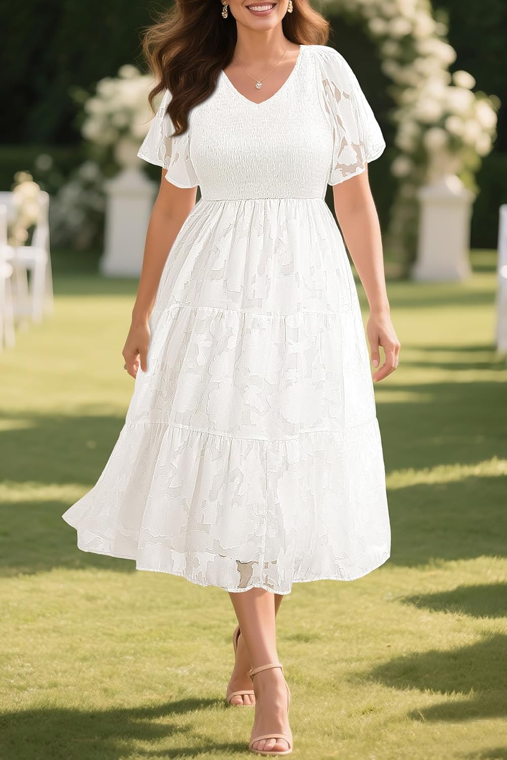 Pinup Fashion Plus Size Fall Wedding Guest Dress - Long Sleeve V Neck Floral Lace Smocked Flowy Tiered Midi Dress - Image 4