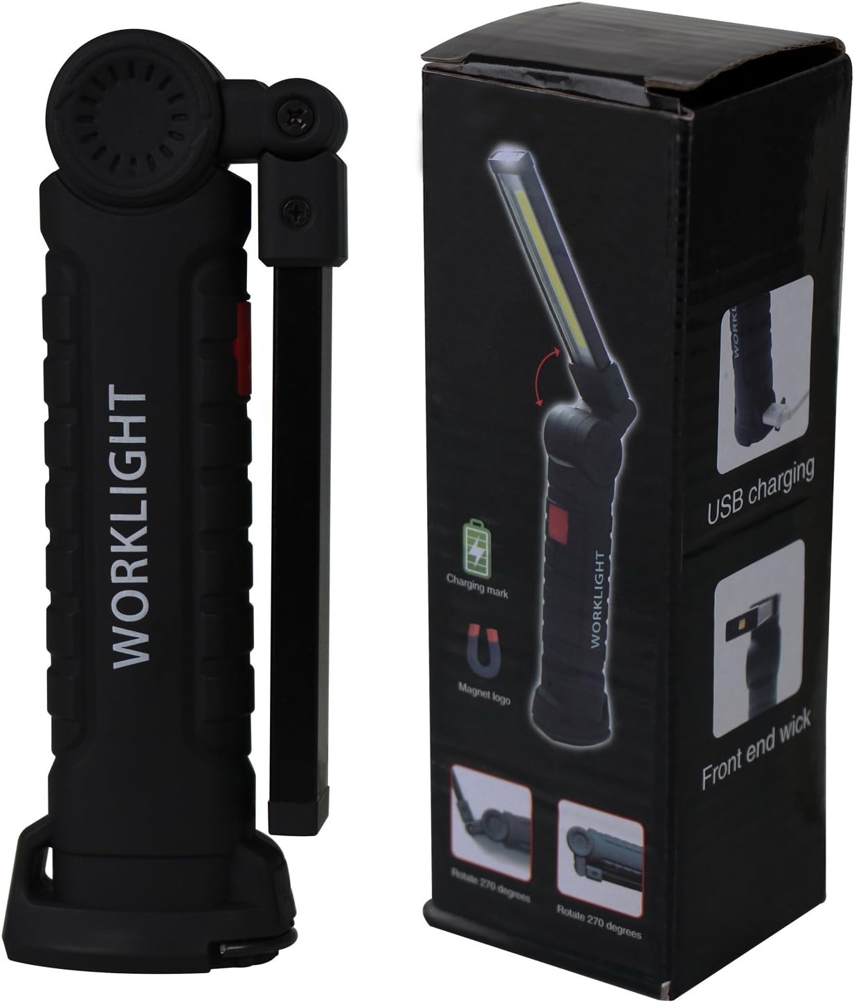 NVTED USB Rechargeable COB LED Flashlight, 5 Mode Foldable Handheld Work Light Lamp Torch with Rotating Hook & Magnetic Base