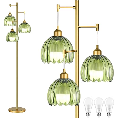 Glass Floor Lamps for Living Room,Bedroom,Gold Mid Century Modern Standing Lamp Brass Tree 3 Light Tall Floor Lamps Vintage Retro Floor Lights Green Lamp Shade Farmhouse Boho Bohemian