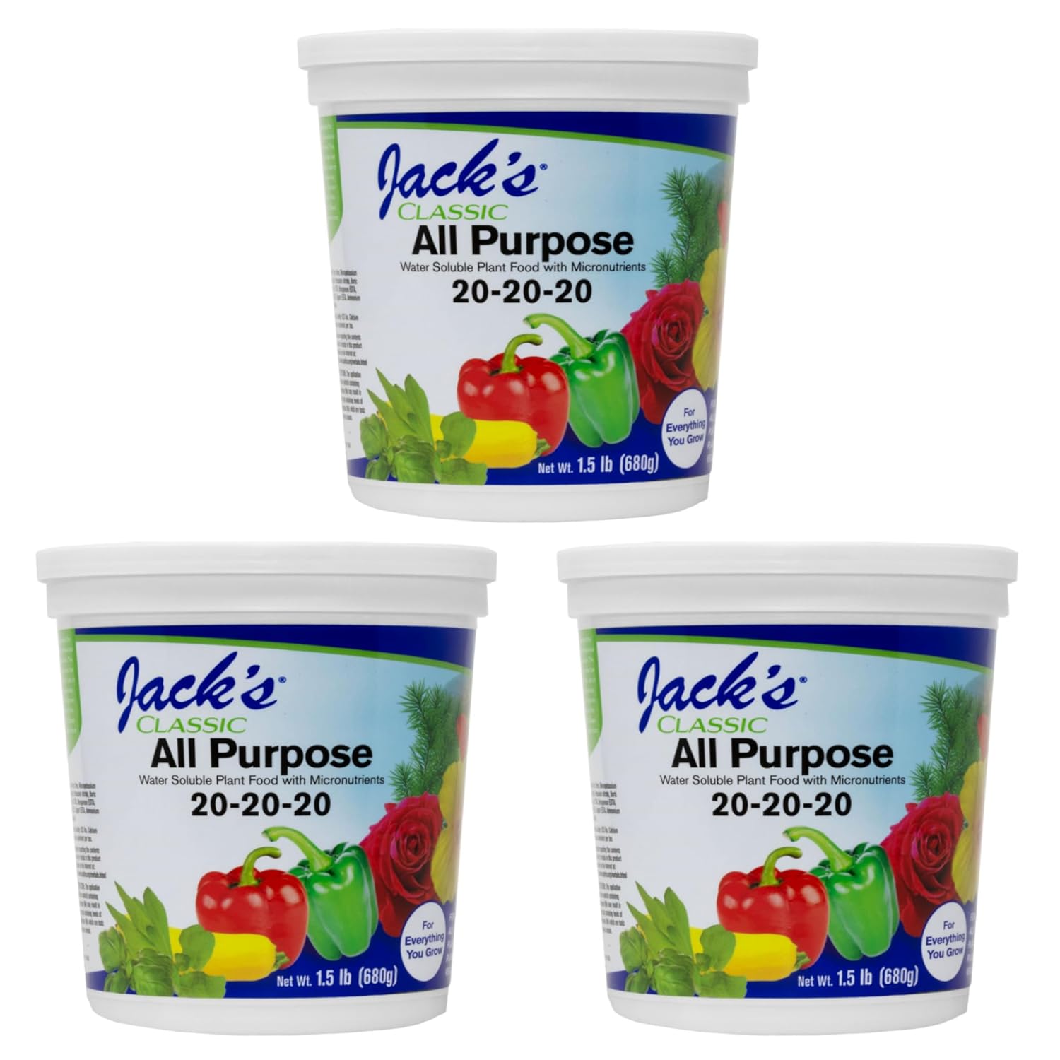 Jack's Classic 20-20-20 All Purpose Water-Soluble Fertilizer with Micronutrients to Provide General Growth on All Plants, 1.5lbs, 3 Pack