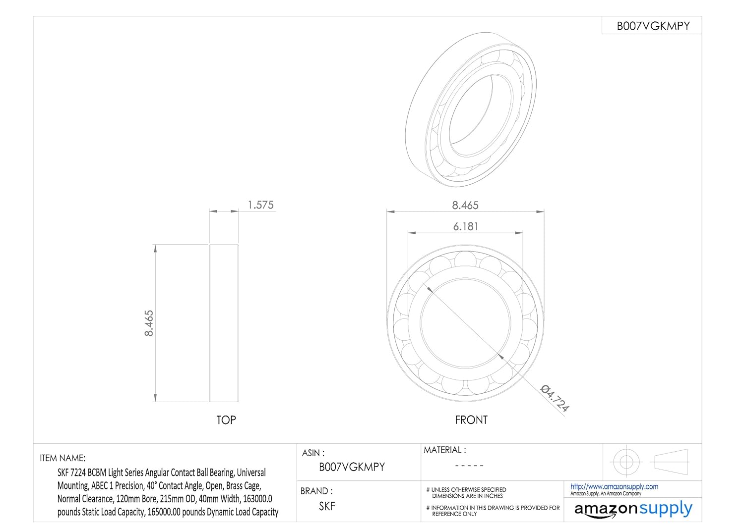 SKF 7205 BECBY Light Series Angular Contact Ball Bearing, Universal Mounting, ABEC 1 Precision, 40° Contact Angle, Open, Brass Cage, Normal Clearance, 25mm Bore, 52mm OD, 15mm Width
