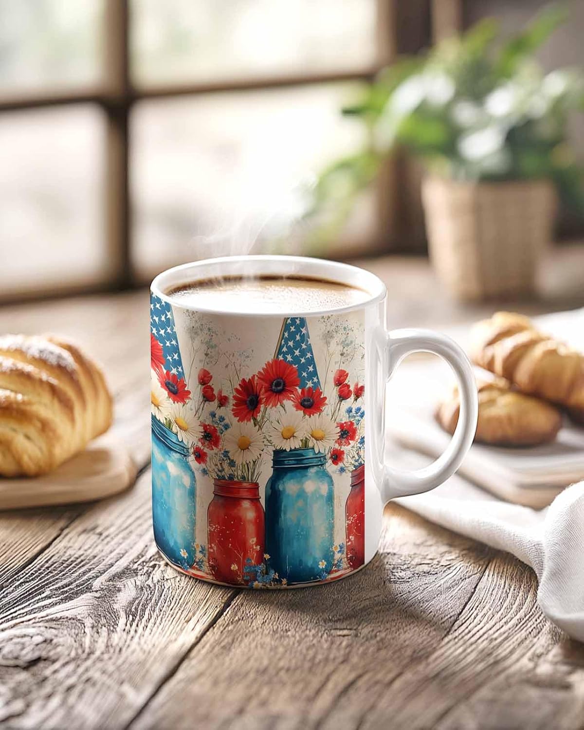 BEMIGO Ceramic Coffee Mug American Flag Floral Ceramic Mug White Cup, 4th of July Insulated Coffee Cup with Handle with Pattern Perfect for Tea and Hot Beverages, 12oz