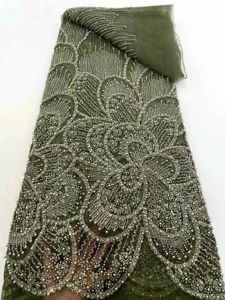 Tela de Tul Africano con Cuentas para Vestidos de Novia, Tela de Encaje con Lentejuelas, Moda Francesa
