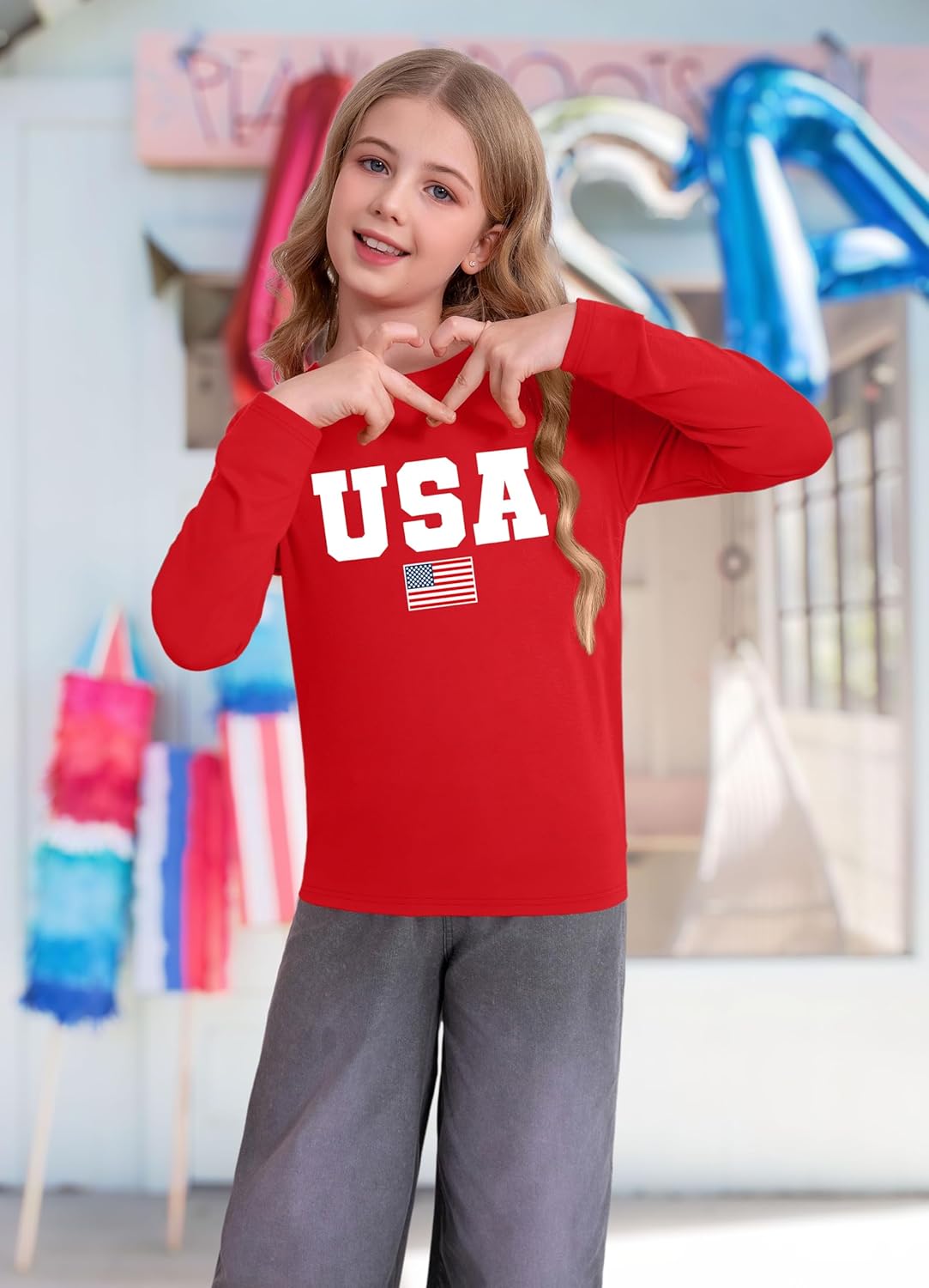 4th of July Outfit Kids Girls American T Shirt USA T-Shirt Fourth of July Tops Patriotic Long Sleeve Tops - Image 2