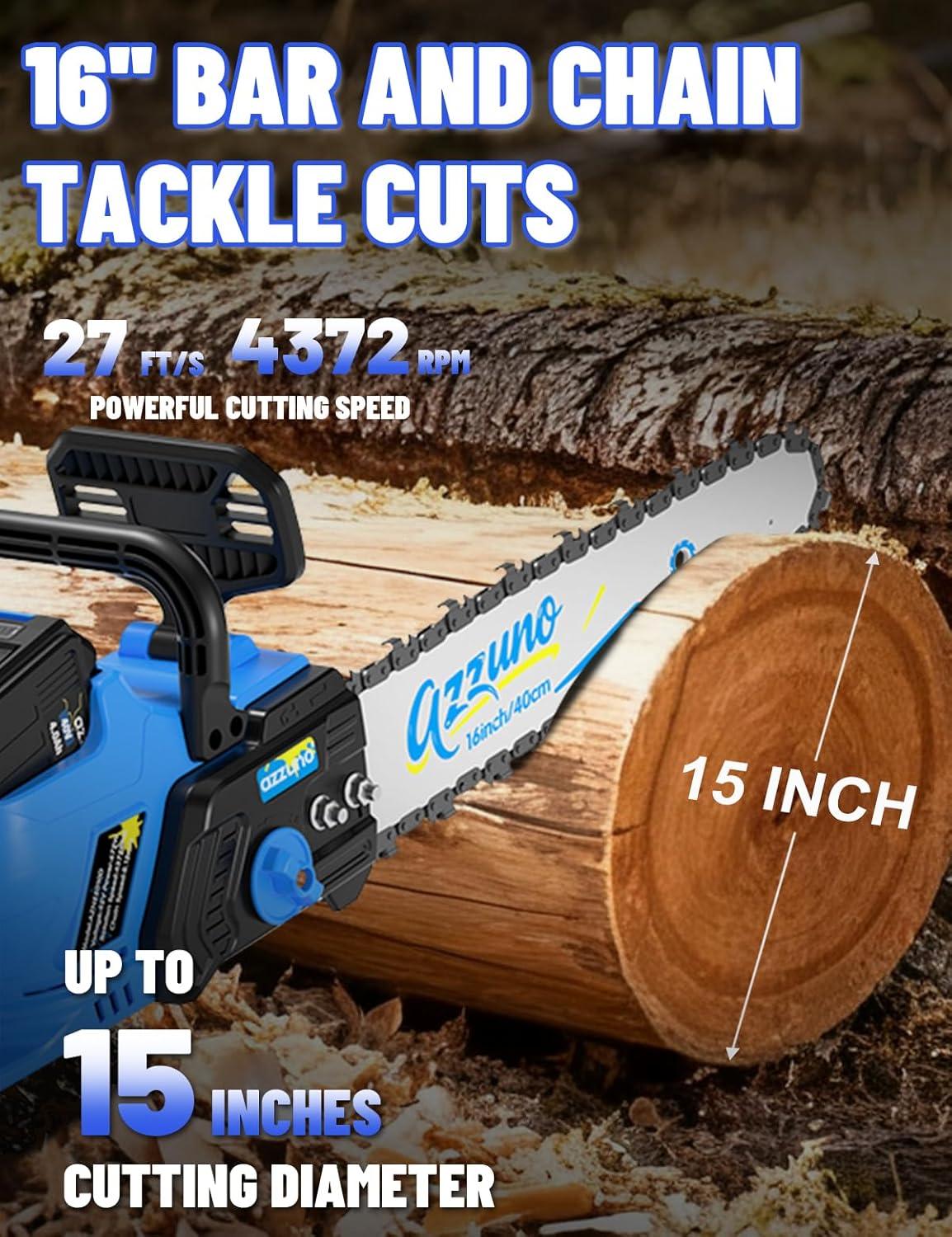 AZZUNO 16 Inch Electric Chainsaw Brushless Cordless With Tool-Free Chain Tensioning and Auto Lubrication,Battery Powered Chain Saw Kit For Tree&Wood Cutting,Battery and Charger Included