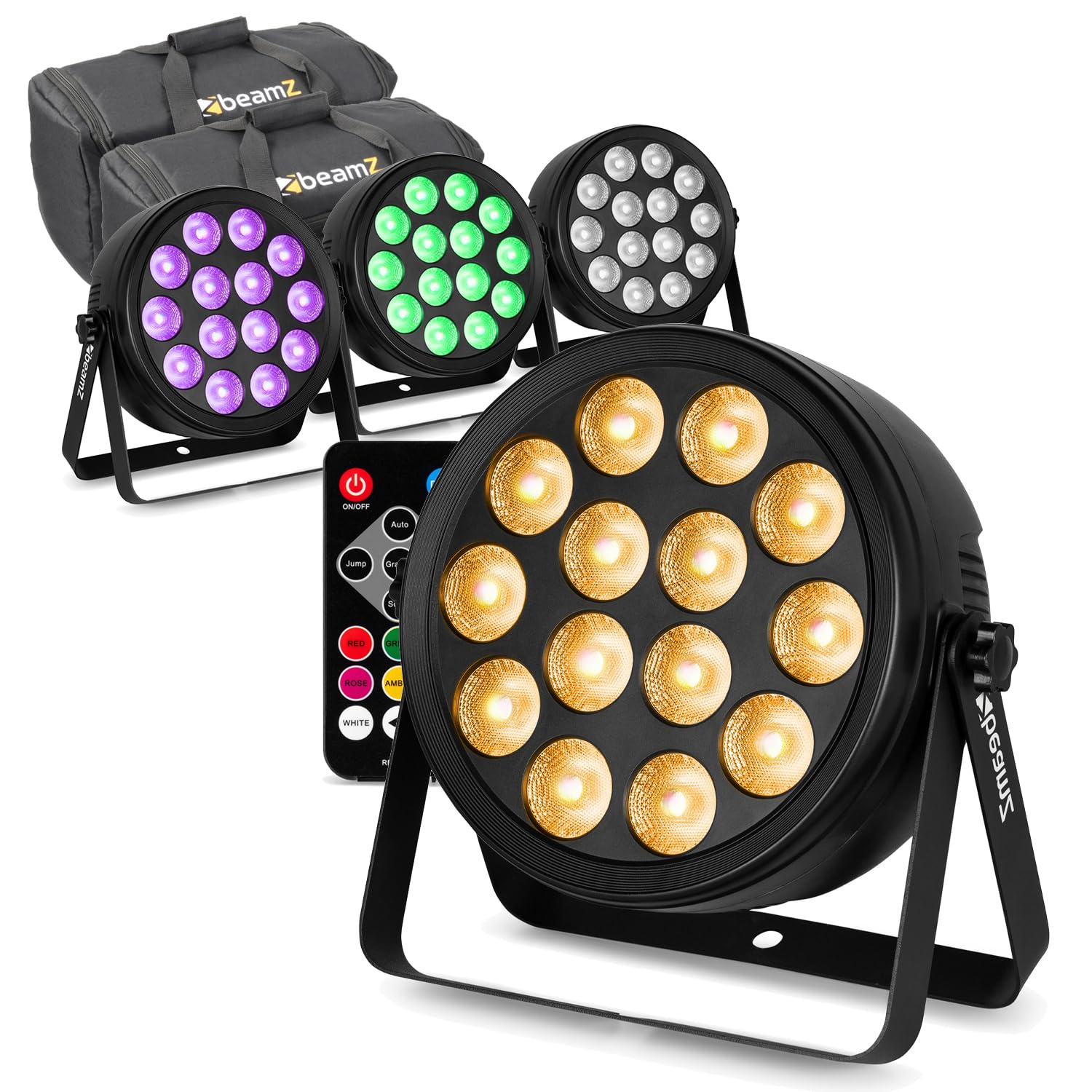 BeamZ BCC165 LED Flat Par Can Stage Wash Lighting Kit - 4X RGBAW-UV Uplights with AC-120 Protective Soft Carry Case & Remote Control for DJs, Events & Bands