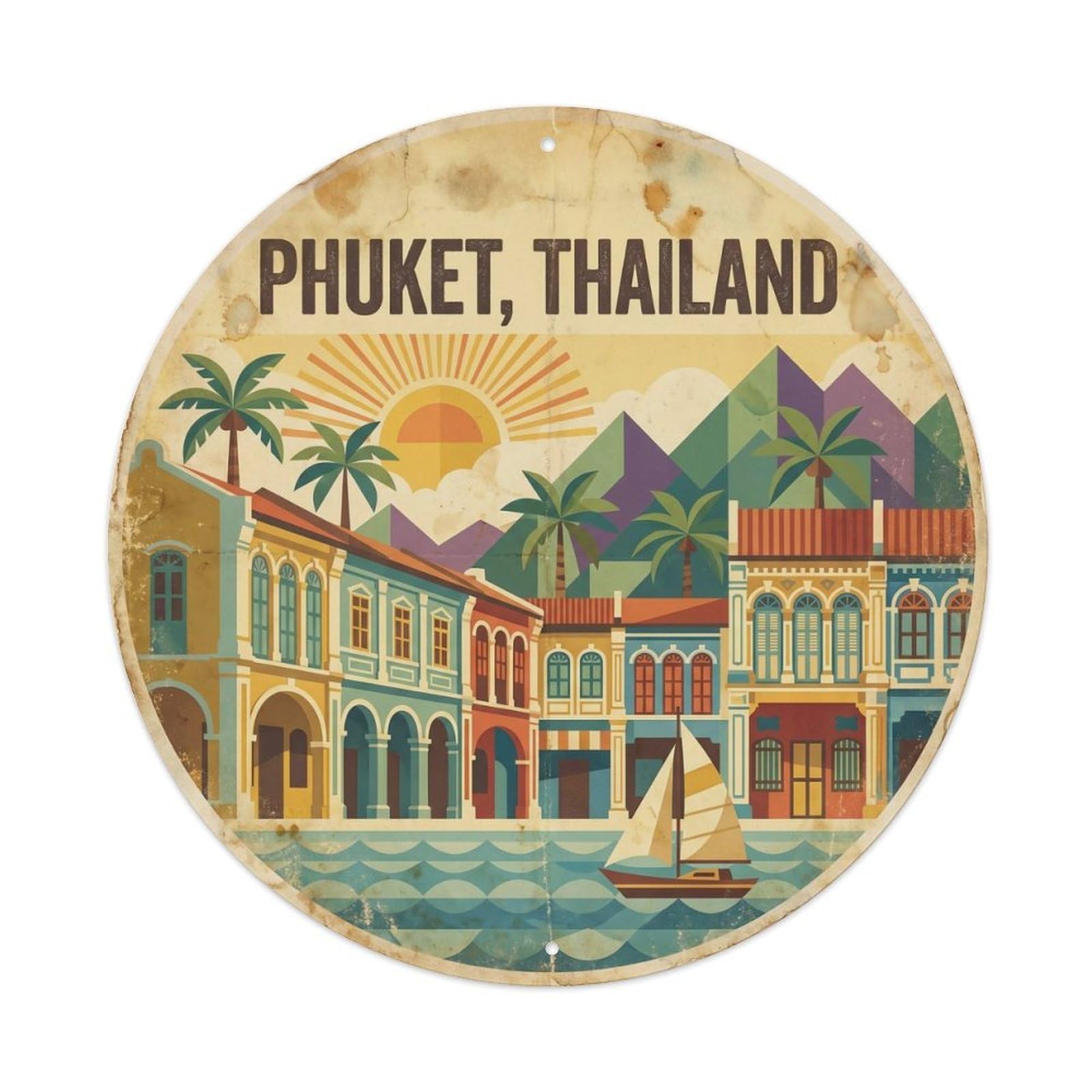 Phuket Old Town Coastal Harbor Travel City Square Vintage Metal Tin Sign Plaque Wall Decor for Cafe, Club Bar, Office, Garden Metal Poster 8x8Inch