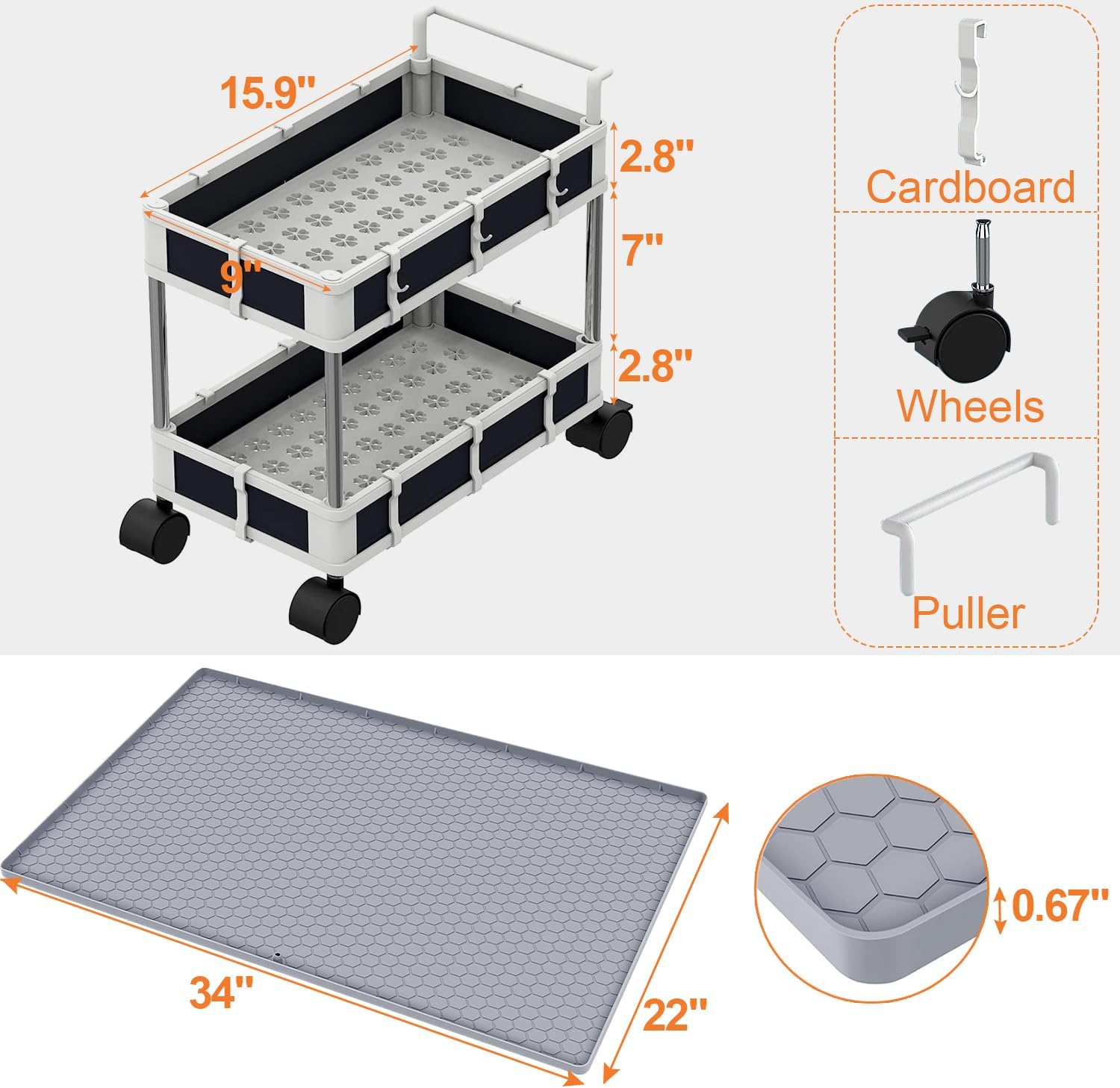 NUNET 2 Pack Under Sink Organizer w. Bathroom Mat 2-Tier Large Capacity Multi-place Cabinet Organizer Storage w. Wheels Foldable 34x22 Flexible Silicone Under Sink Mat for Kitchen Bathroom