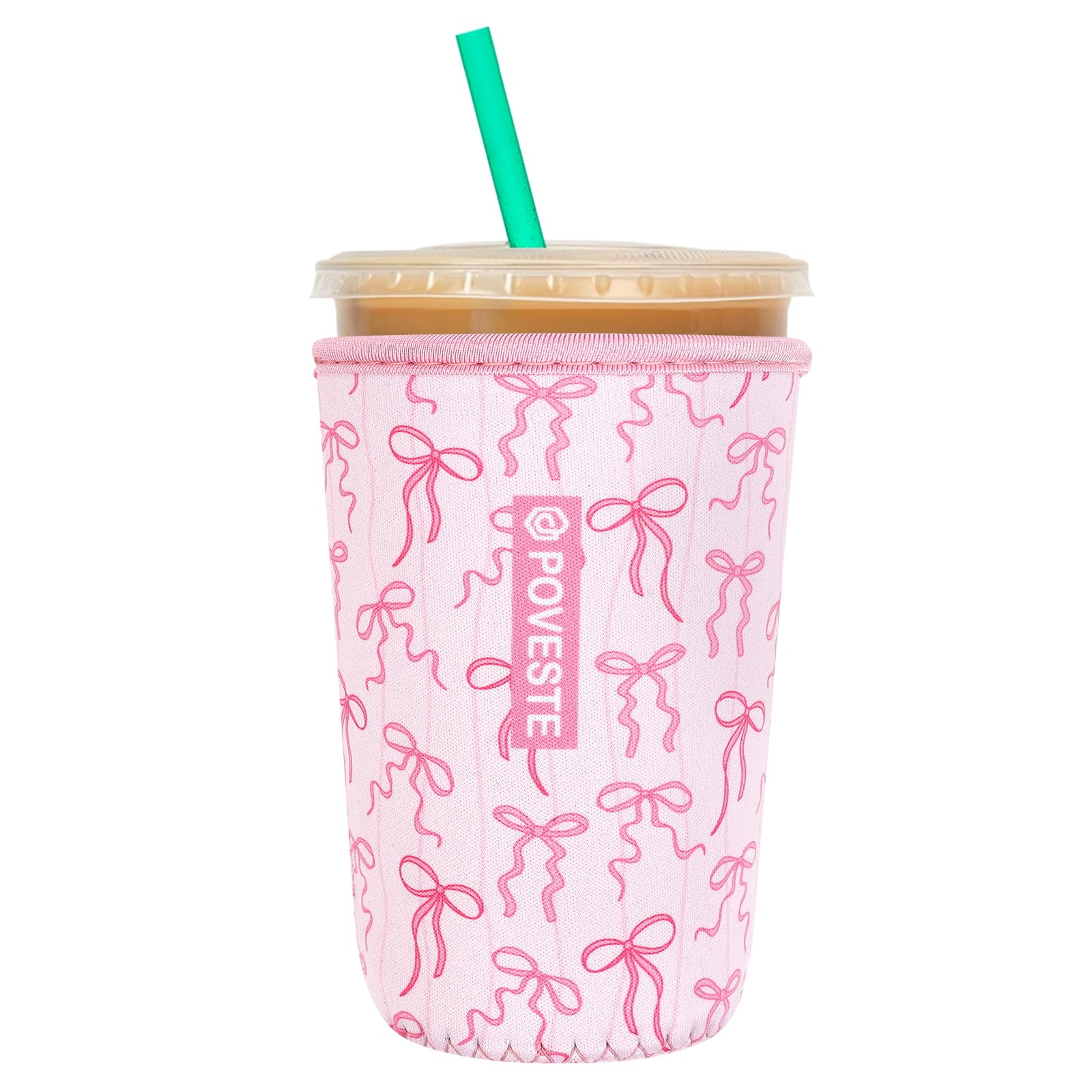 Reusable Neoprene Insulator Sleeve for Iced Coffee &amp; Cold Soda, Coffee Sleeves for Iced &amp; Hot Drinks, Cold Beverage Cooler Compatible with Starbucks, Dunkin (Pink Bow Charm, Medium: 22-24oz)
