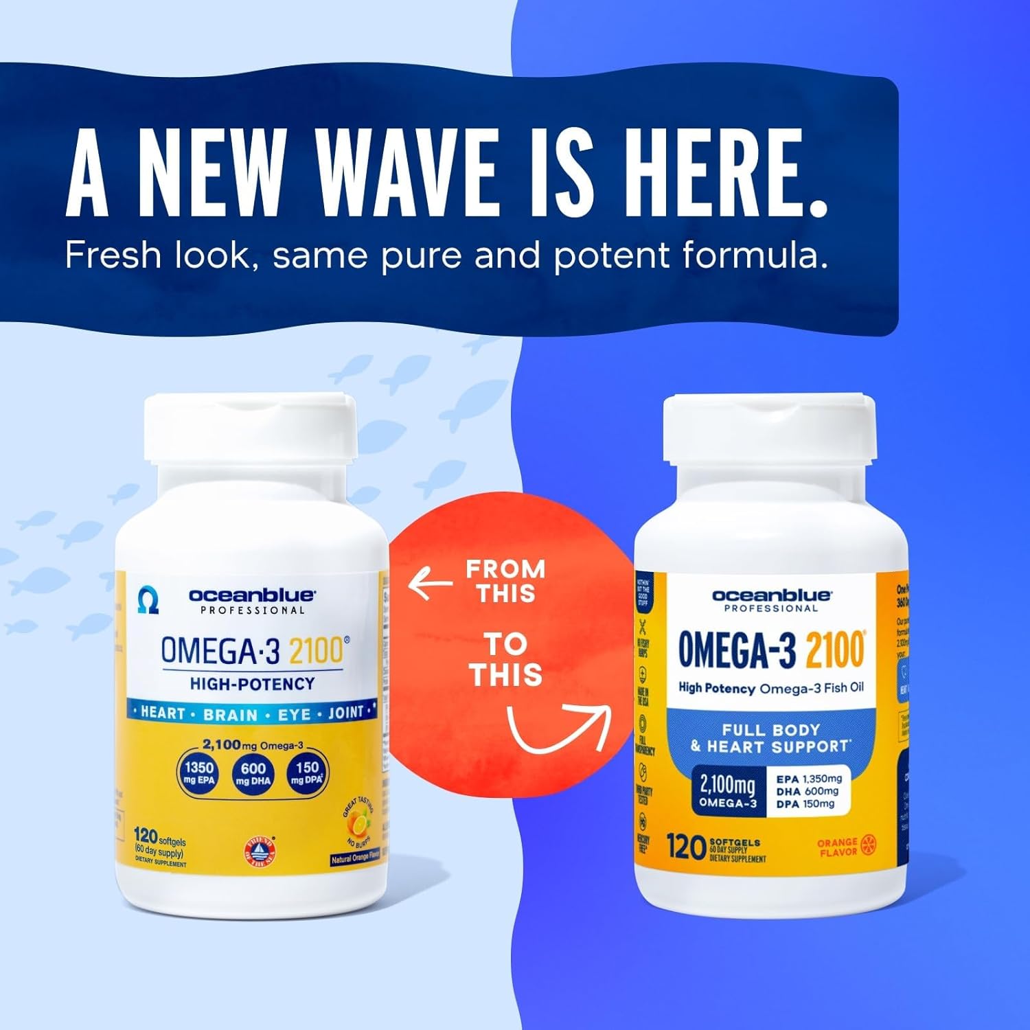 Oceanblue Professional Omega-3 2100-120 ct - High-Potency Triple Strength Burpless Fish Oil with EPA, DHA & DPA - Wild Caught - Orange Flavor, 60 Servings
